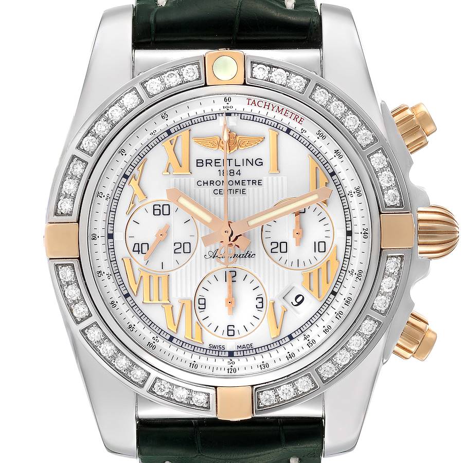 Breitling Chronomat White Dial Steel Rose Gold Diamond Mens Watch IB0110 SwissWatchExpo