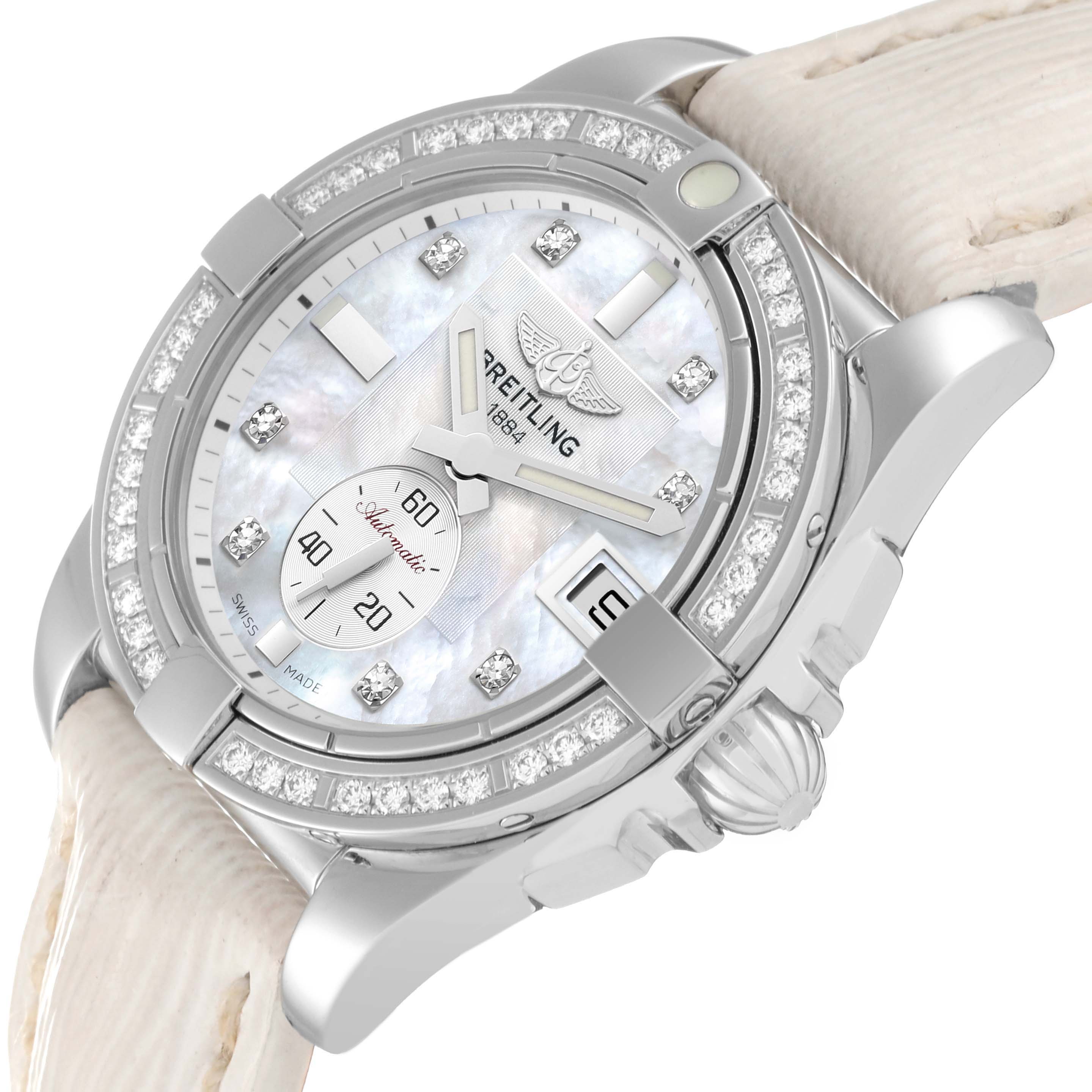 This image shows a close-up angle of the Breitling Galactic A3733053/A717 Men's Stainless Steel Mother of Pearl Dial A3733053/A717 Men's Stainless Steel Mother of Pearl Dial watch, highlighting its face, bezel, and part of the strap.