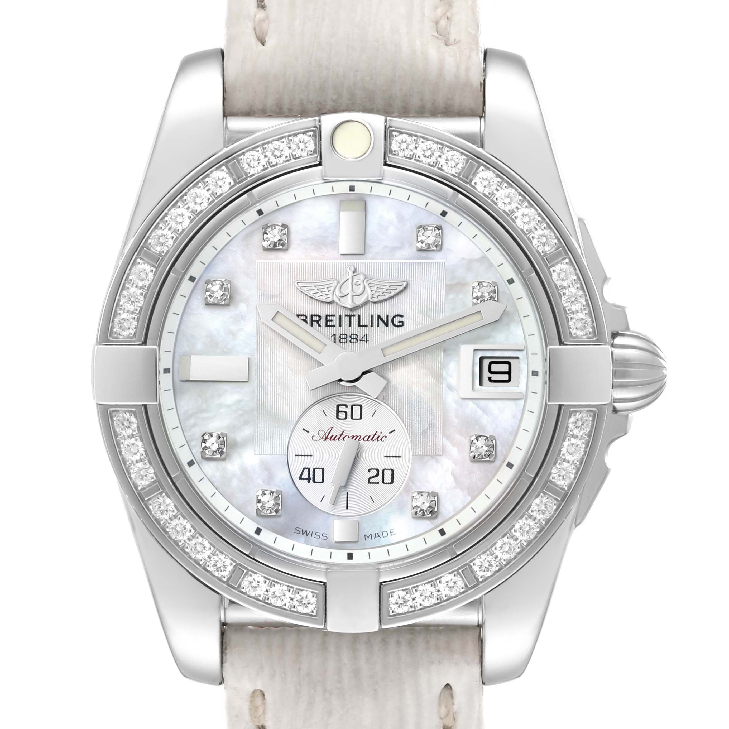 This image shows a front view of the Breitling Galactic A3733053/A717 Men's Stainless Steel Mother of Pearl Dial A3733053/A717 Men's Stainless Steel Mother of Pearl Dial watch, highlighting its diamond-studded bezel, dial, and date window.