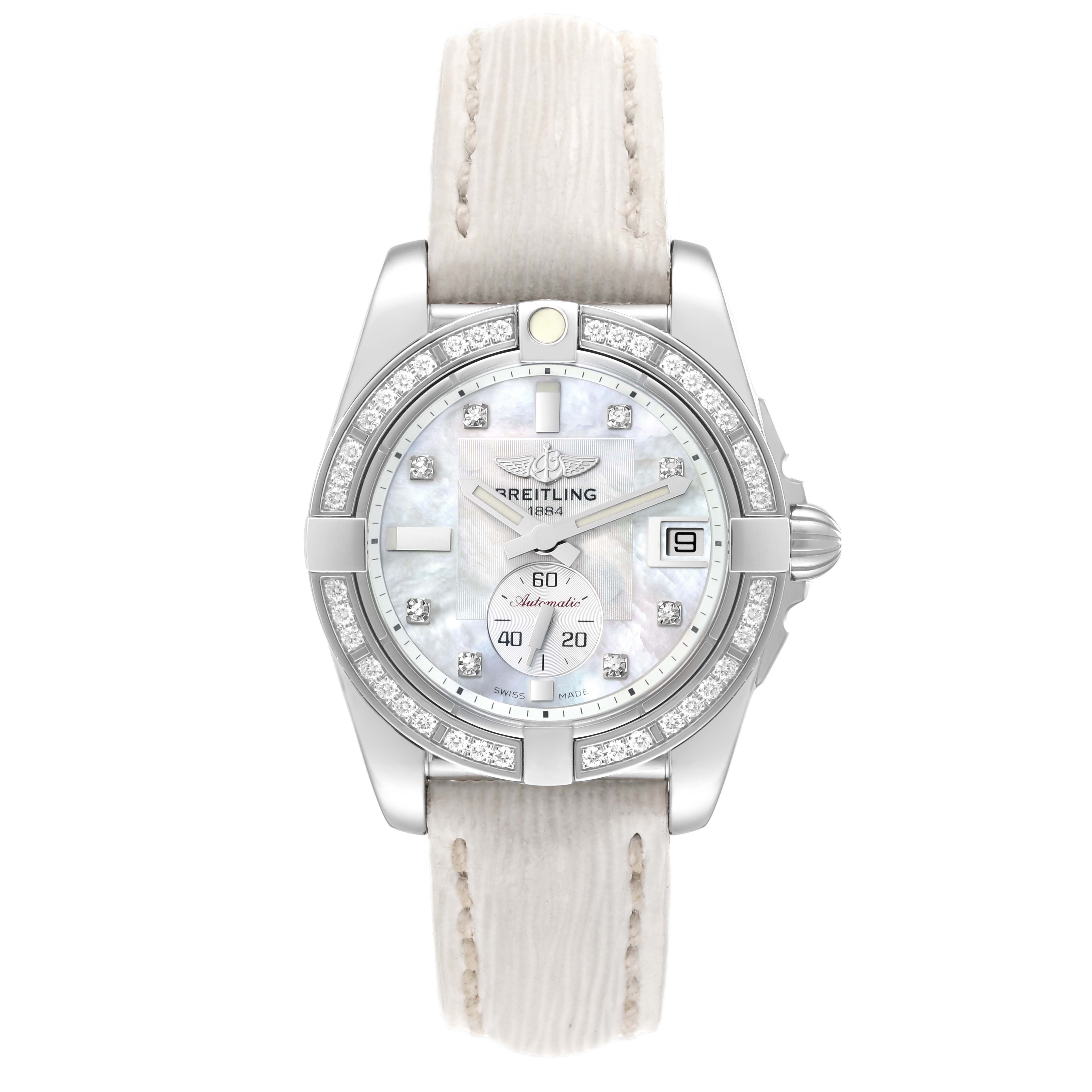 The image shows a front view of a Breitling Galactic A3733053/A717 Men's Stainless Steel Mother of Pearl Dial A3733053/A717 Men's Stainless Steel Mother of Pearl Dial watch with a white strap and a diamond-set bezel.