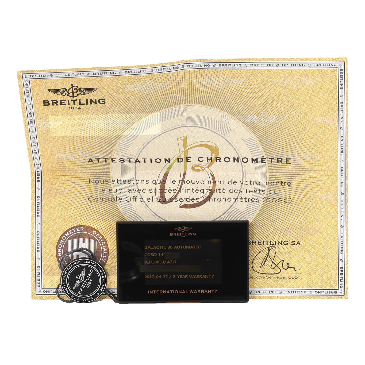 The image shows Breitling Galactic A3733053/A717 Men's Stainless Steel Mother of Pearl Dial A3733053/A717 Men's Stainless Steel Mother of Pearl Dial model accessories, including certification documents and a warranty card.