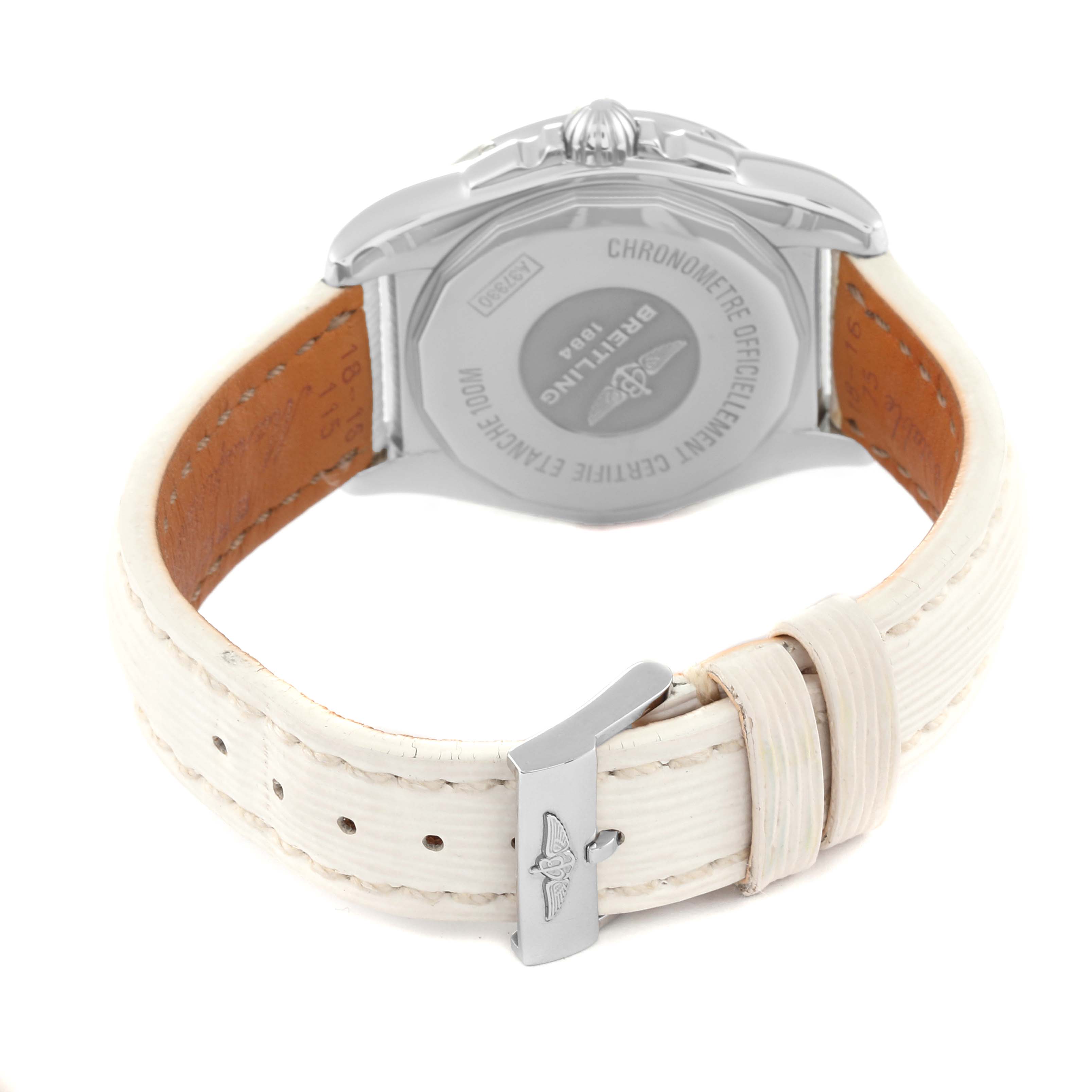 The image shows the back view of a Breitling Galactic A3733053/A717 Men's Stainless Steel Mother of Pearl Dial A3733053/A717 Men's Stainless Steel Mother of Pearl Dial watch, focusing on the case back and white leather strap.