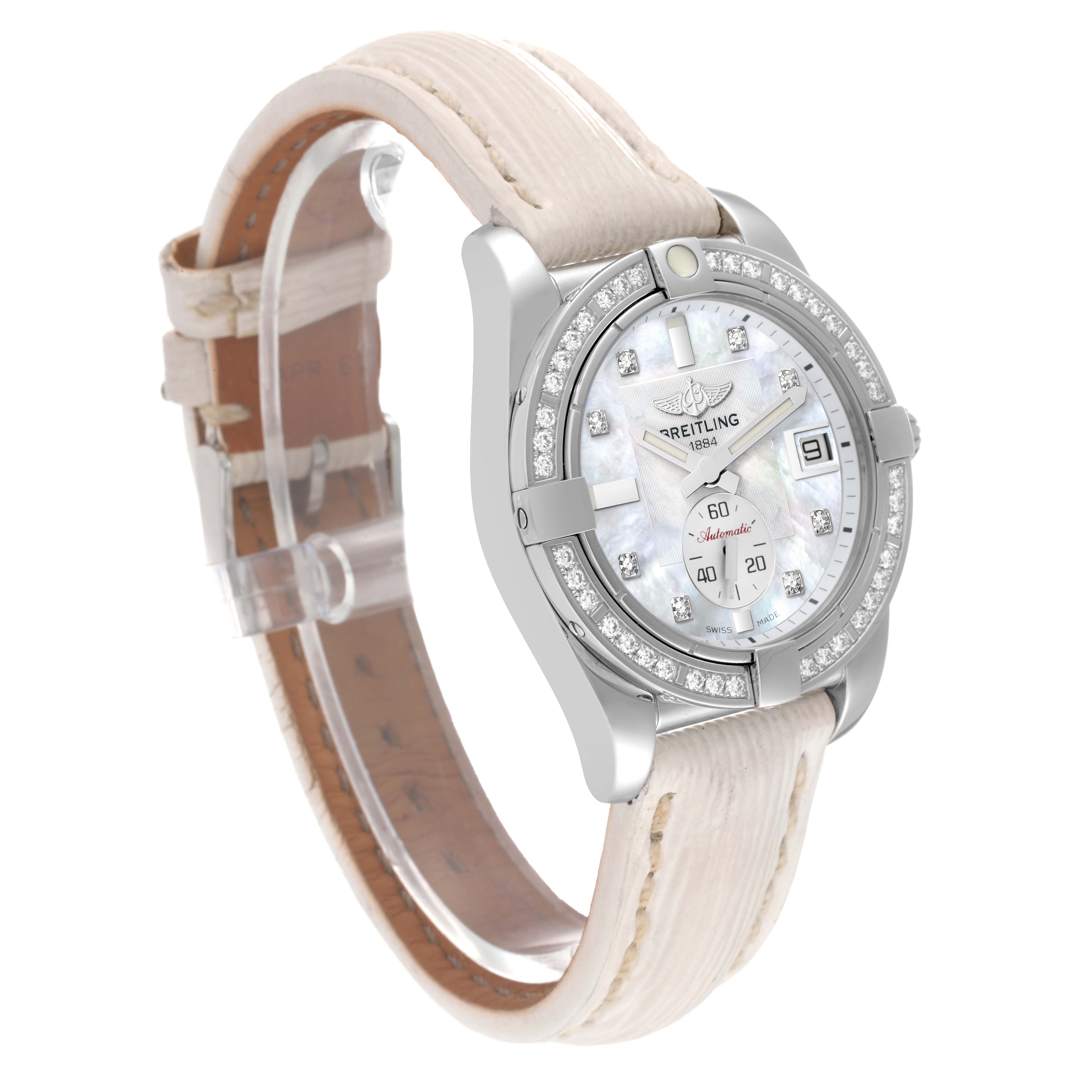 The image shows a three-quarter view of a Breitling Galactic A3733053/A717 Men's Stainless Steel Mother of Pearl Dial A3733053/A717 Men's Stainless Steel Mother of Pearl Dial watch, highlighting its bezel, dial, markers, and leather strap.