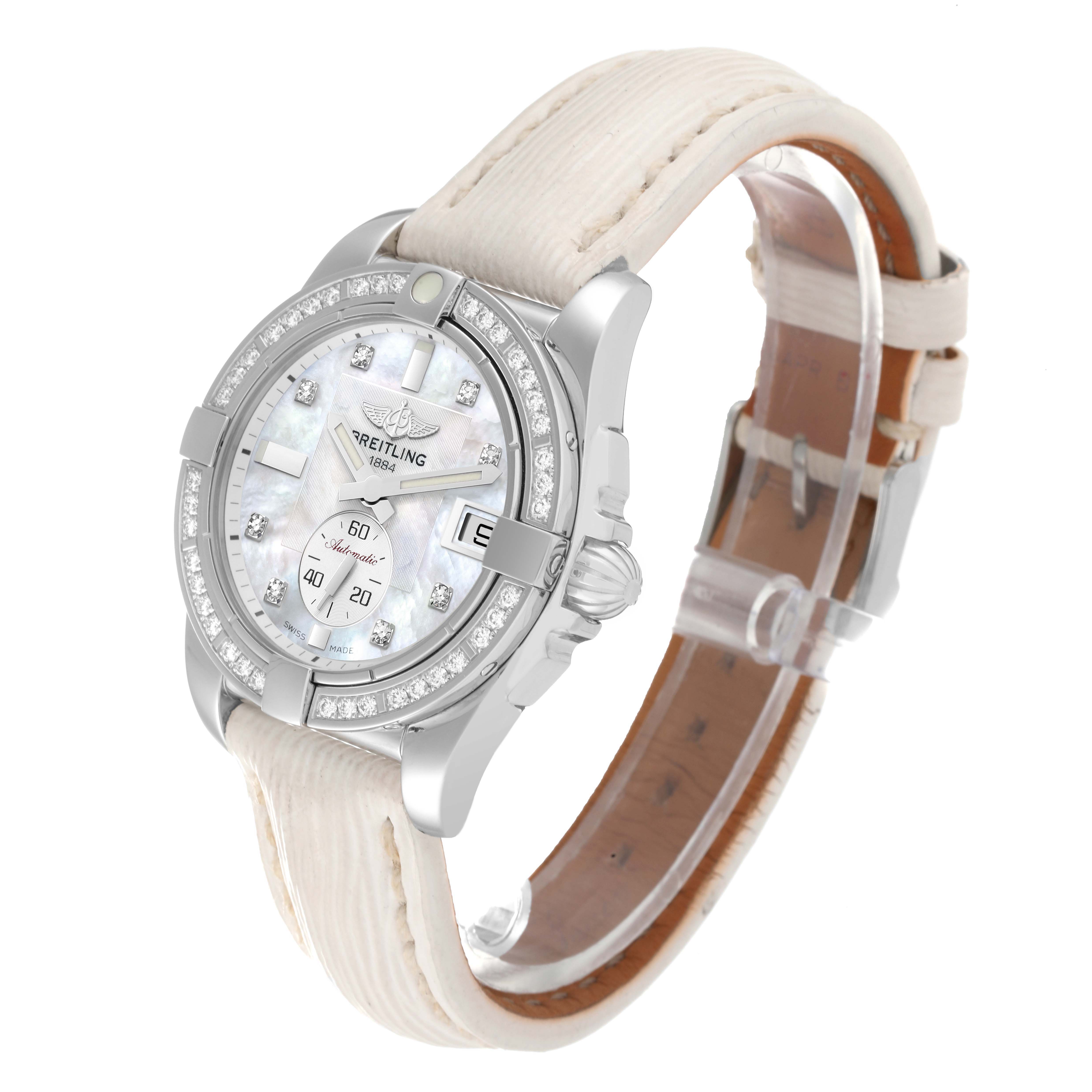The image shows a Breitling Galactic A3733053/A717 Men's Stainless Steel Mother of Pearl Dial A3733053/A717 Men's Stainless Steel Mother of Pearl Dial watch angled to display its face, bezel, crown, and leather strap.
