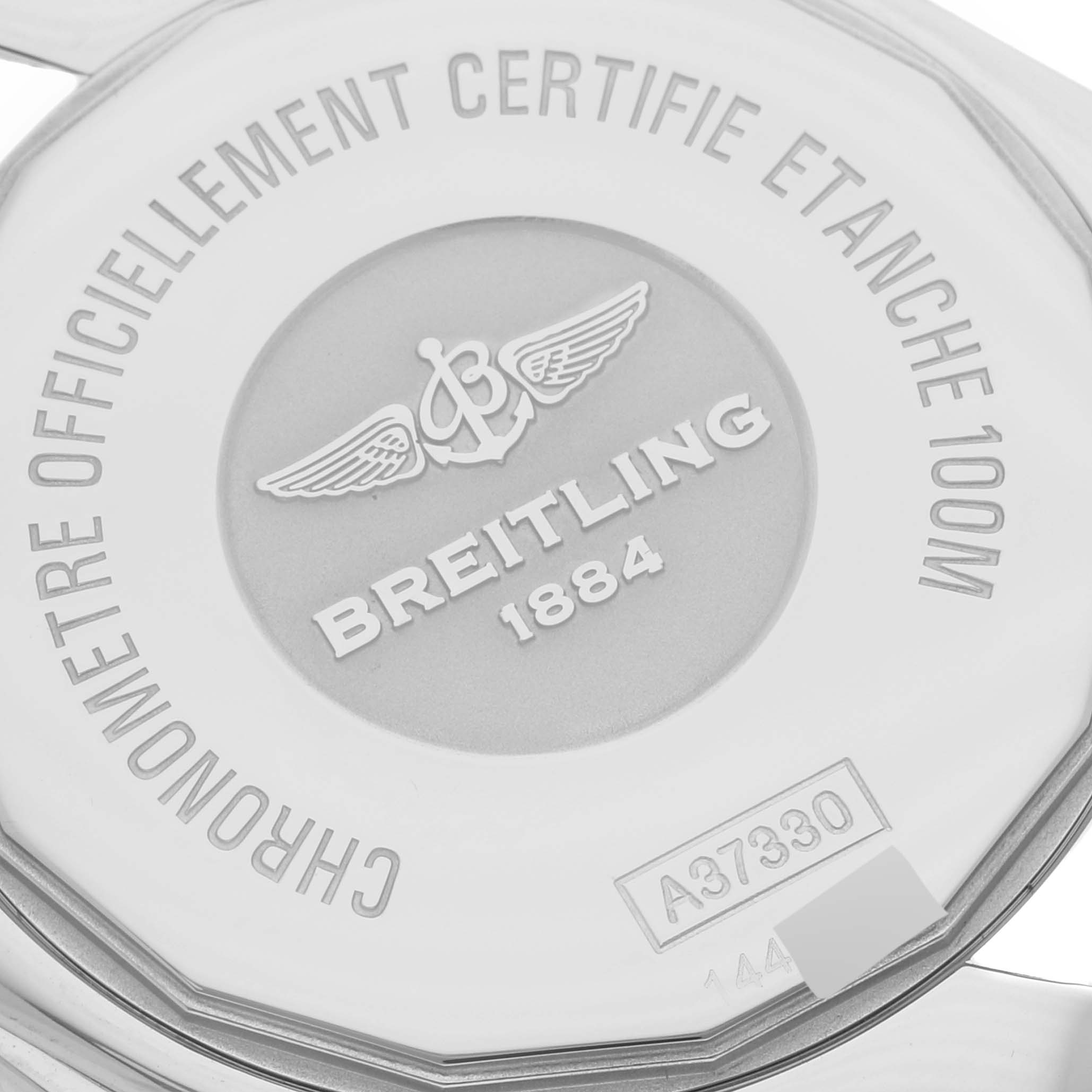 The image shows the back case of a Breitling Galactic A3733053/A717 Men's Stainless Steel Mother of Pearl Dial A3733053/A717 Men's Stainless Steel Mother of Pearl Dial watch, detailing its certification and model number.