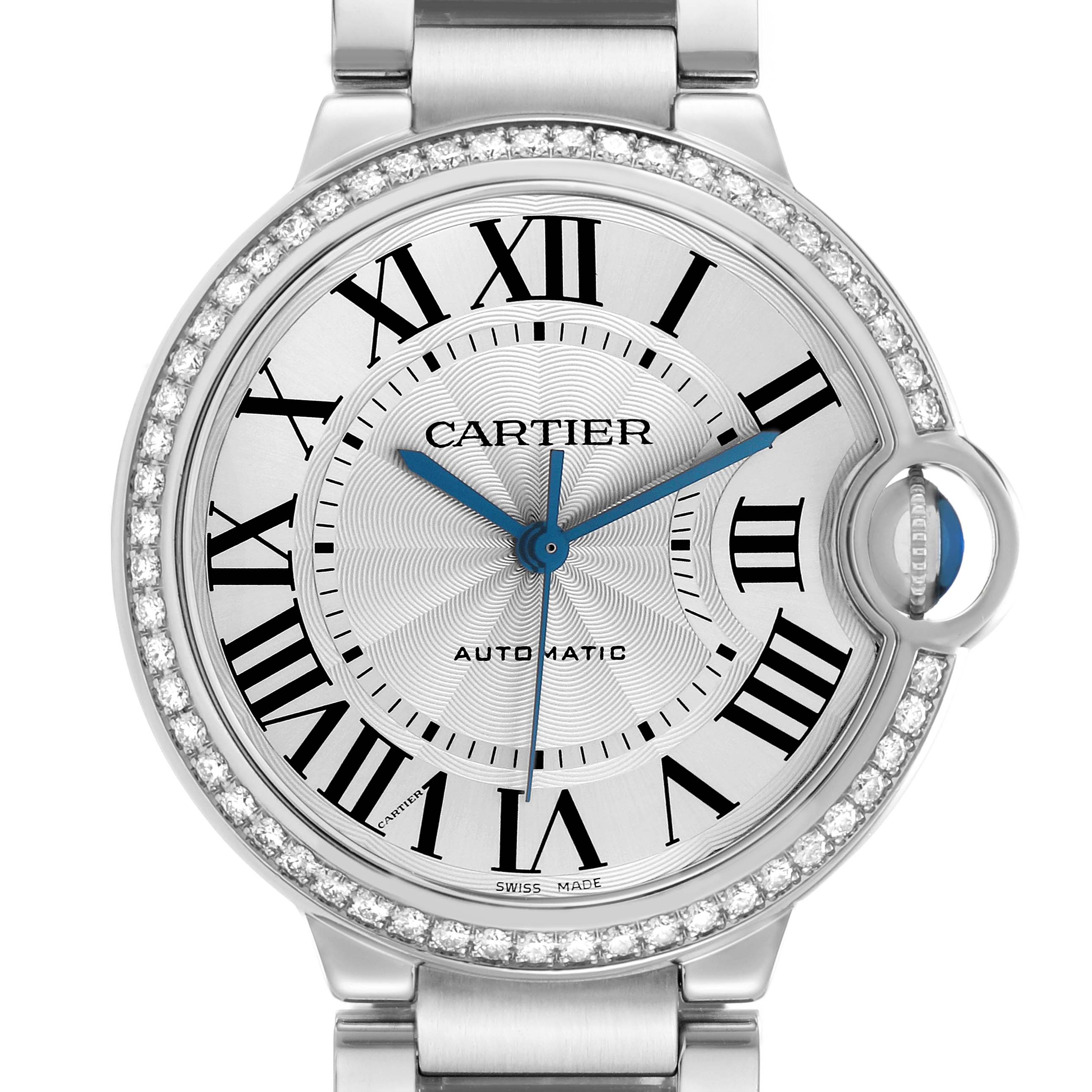 The image shows a close-up frontal view of the Cartier Ballon Bleu W4BB0023 Women's Stainless Steel Silver Dial watch, highlighting its dial, Roman numerals, and diamond-set bezel.