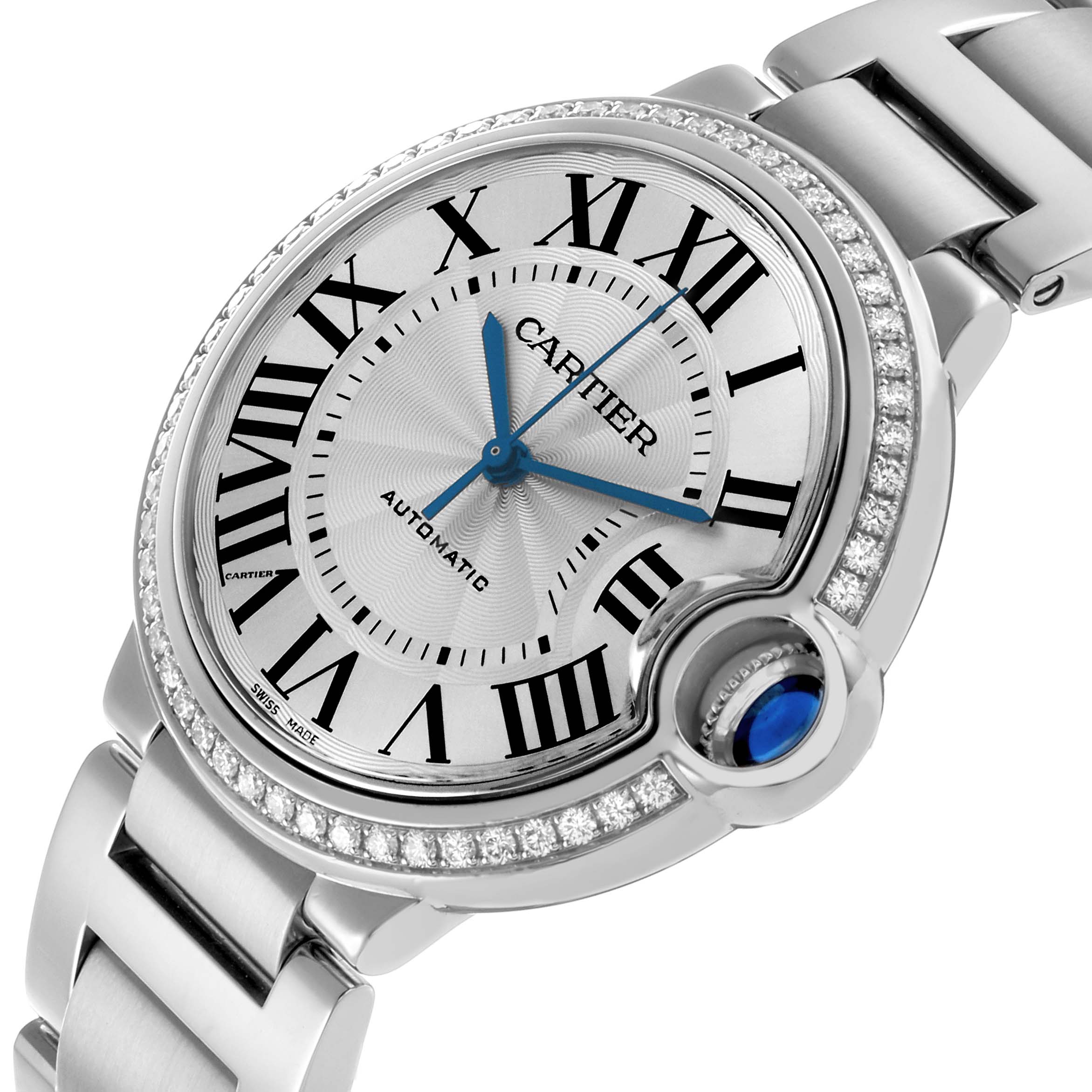 The Cartier Ballon Bleu W4BB0023 Women's Stainless Steel Silver Dial watch is shown at an angled close-up, highlighting the dial, Roman numerals, blue hands, and diamond bezel.