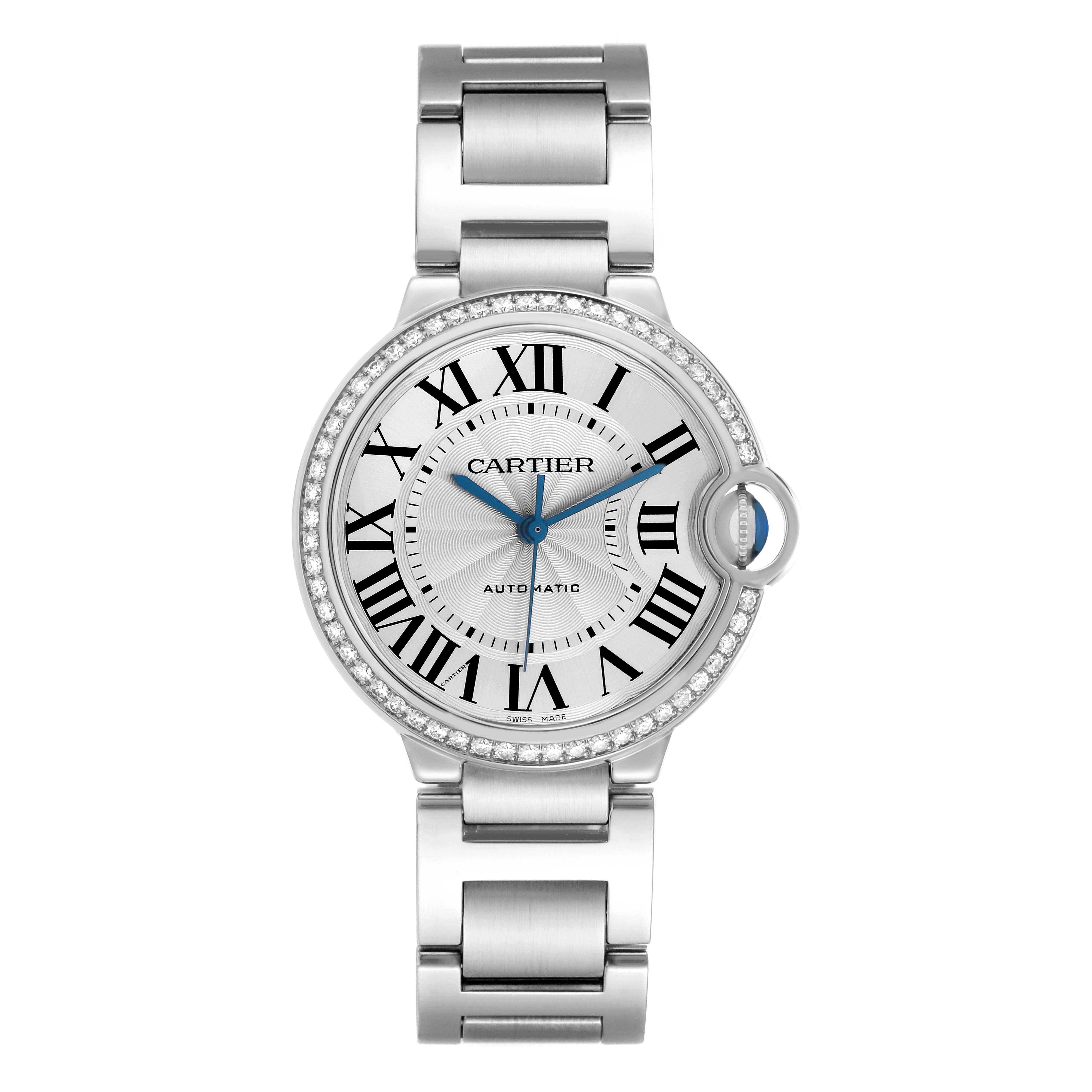 The Cartier Ballon Bleu W4BB0023 Women's Stainless Steel Silver Dial watch is shown from a front angle, highlighting the face, bezel, and bracelet.
