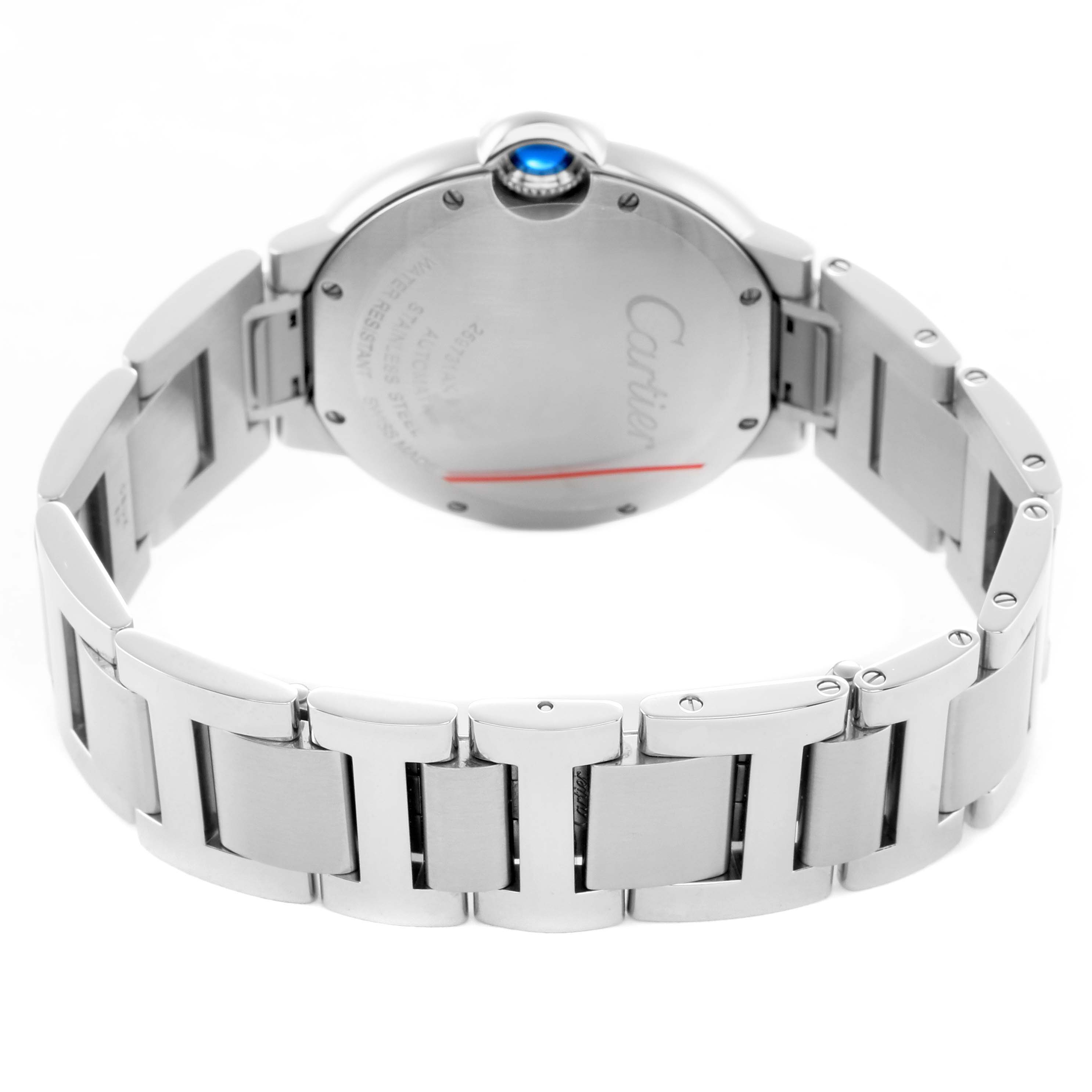 The image shows the back case and bracelet of a Cartier Ballon Bleu W4BB0023 Women's Stainless Steel Silver Dial watch, highlighting the clasp and screw details.