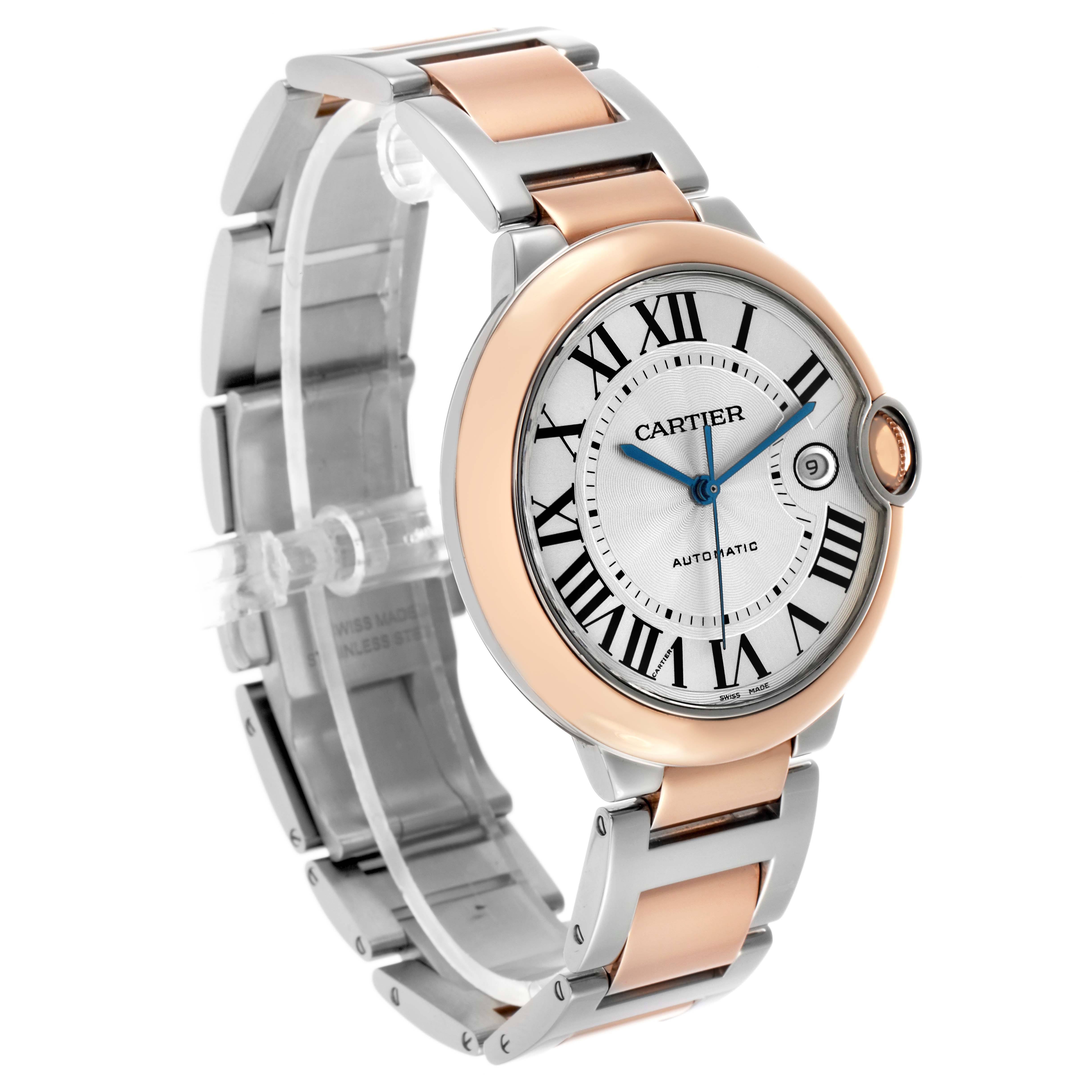 The Cartier Ballon Bleu W2BB0004 Men's Steel and Gold (two tone) Silver Dial watch is shown at an angle displaying the face, bracelet, and crown.
