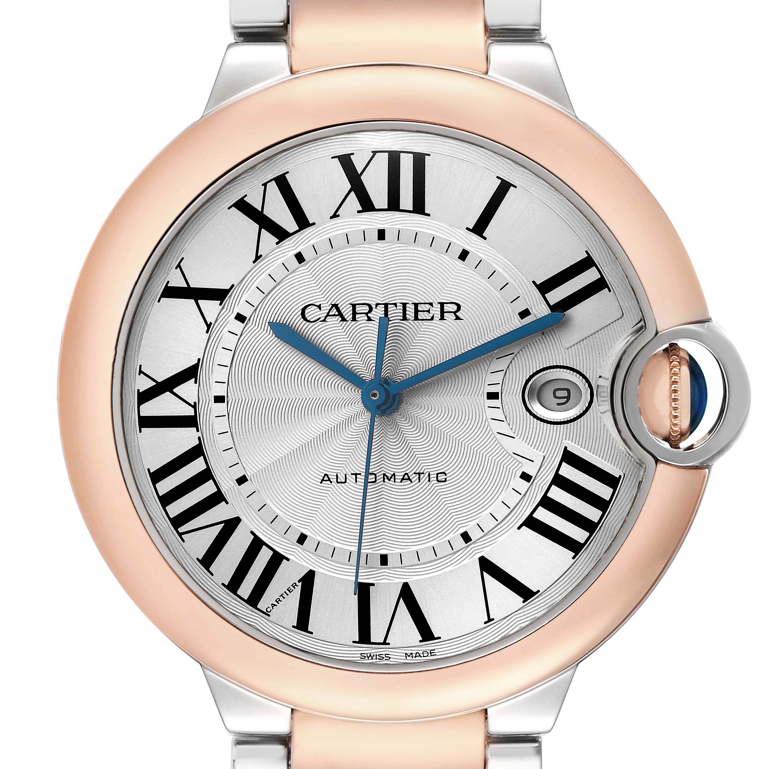 The image shows a close-up of the Cartier Ballon Bleu W2BB0004 Men's Steel and Gold (two tone) Silver Dial watch face, highlighting its Roman numerals, date window, and crown.