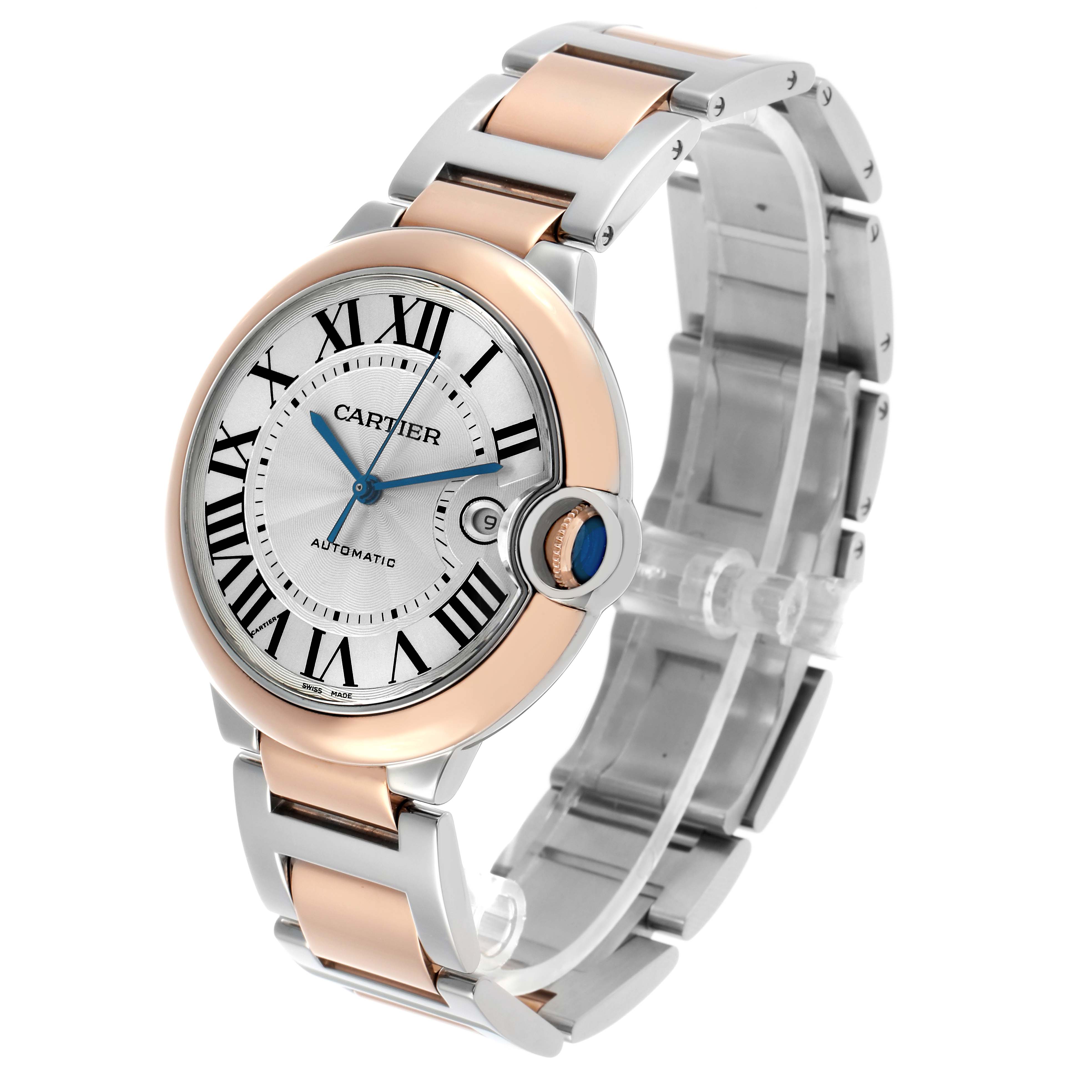 The Cartier Ballon Bleu W2BB0004 Men's Steel and Gold (two tone) Silver Dial watch is shown at a three-quarter angle, highlighting the face, bezel, and two-tone bracelet.