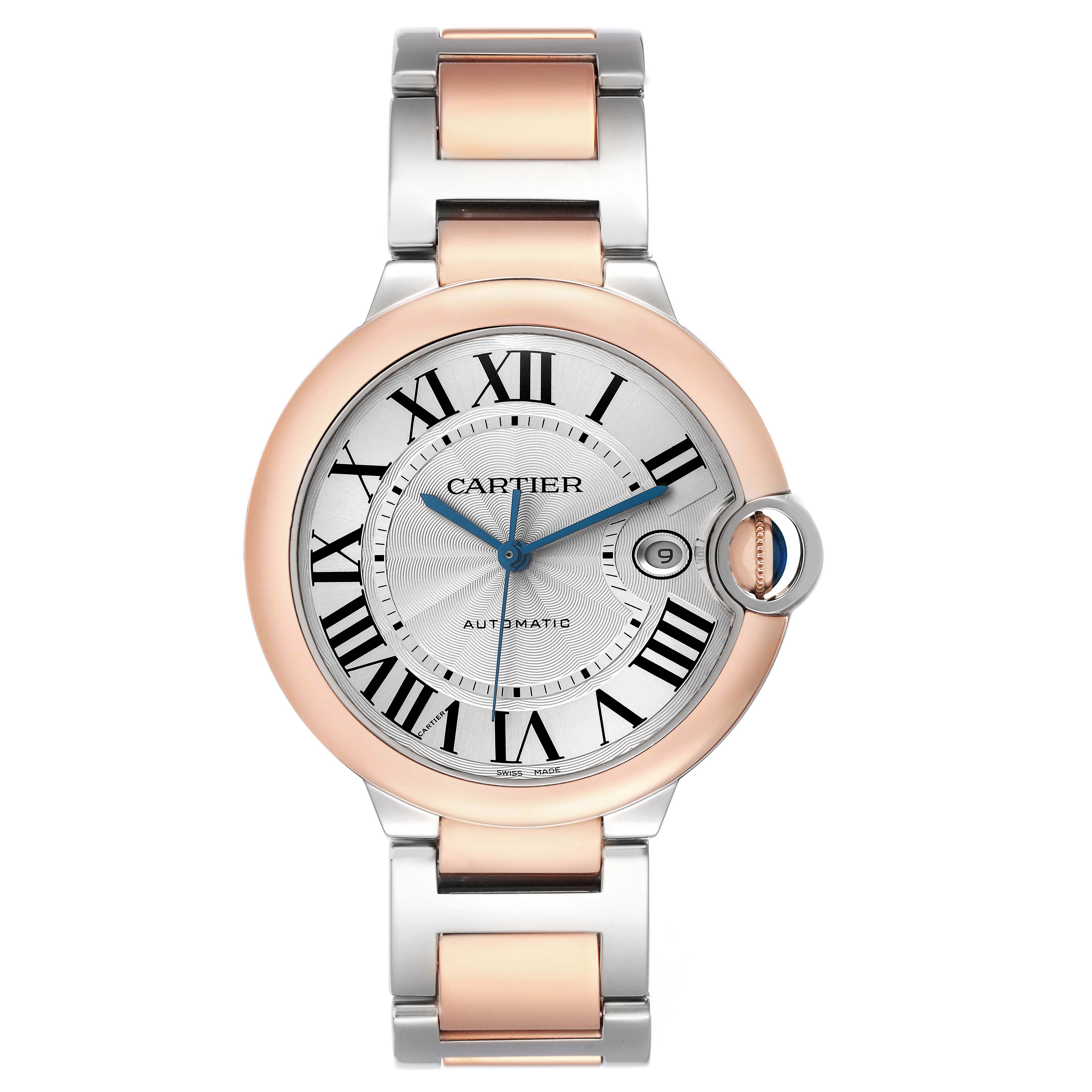 The Cartier Ballon Bleu W2BB0004 Men's Steel and Gold (two tone) Silver Dial watch is shown from a frontal angle, highlighting the dial, bezel, and strap.