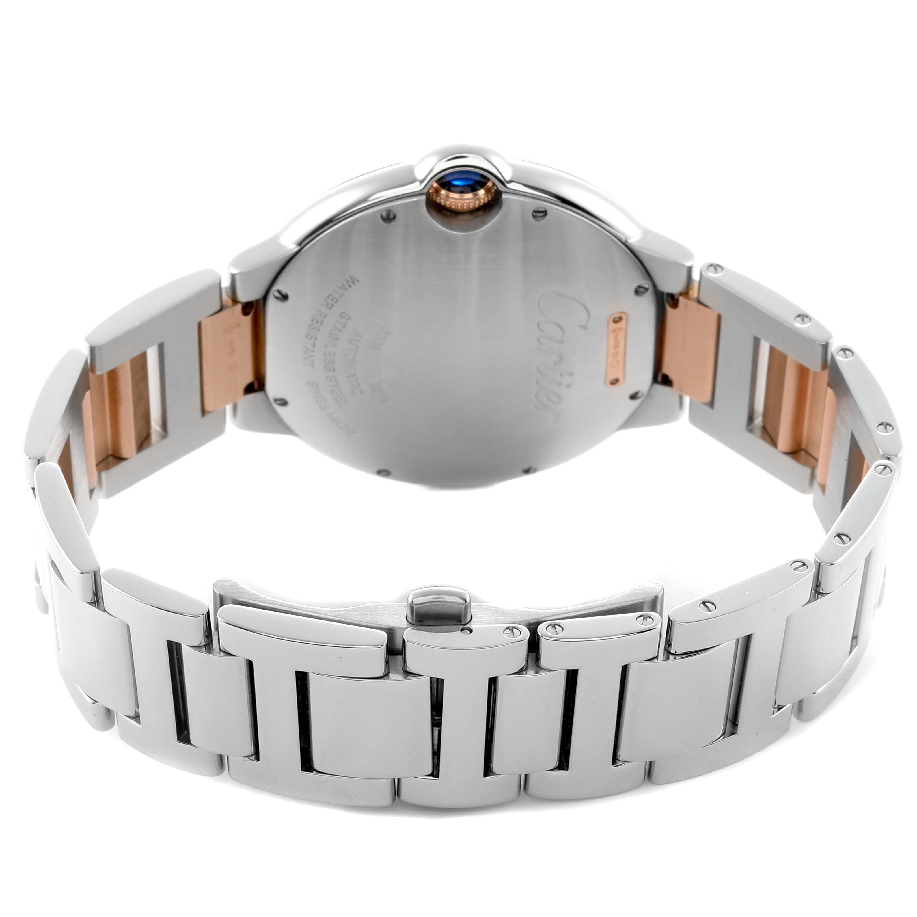 The image shows the back and bracelet of a Cartier Ballon Bleu W2BB0004 Men's Steel and Gold (two tone) Silver Dial watch, highlighting the steel and rose gold links and the sapphire crown.