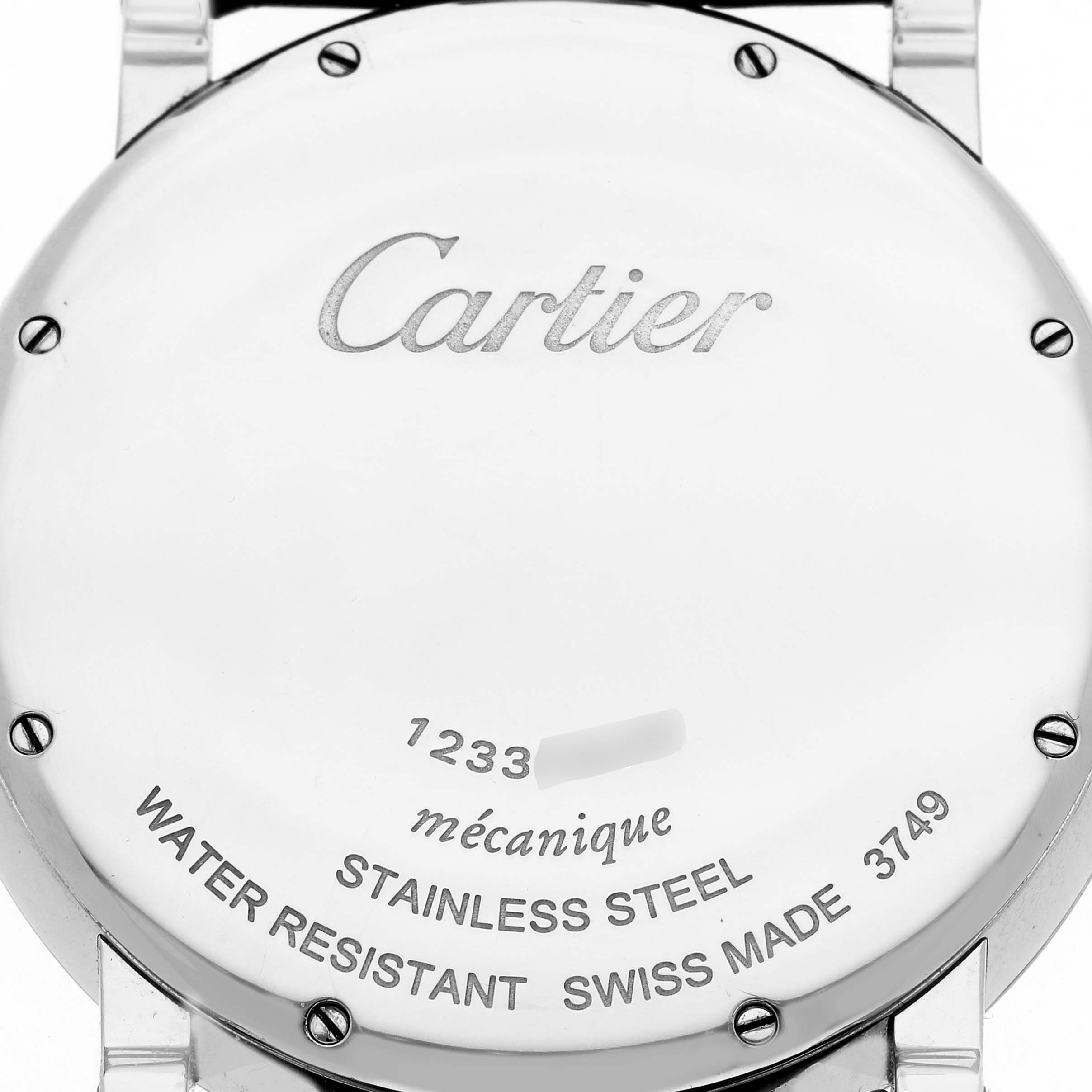 The image shows the back case of the Cartier Rotonde W1556369 Men's Stainless Steel Silver Dial watch, highlighting engravings and screws.