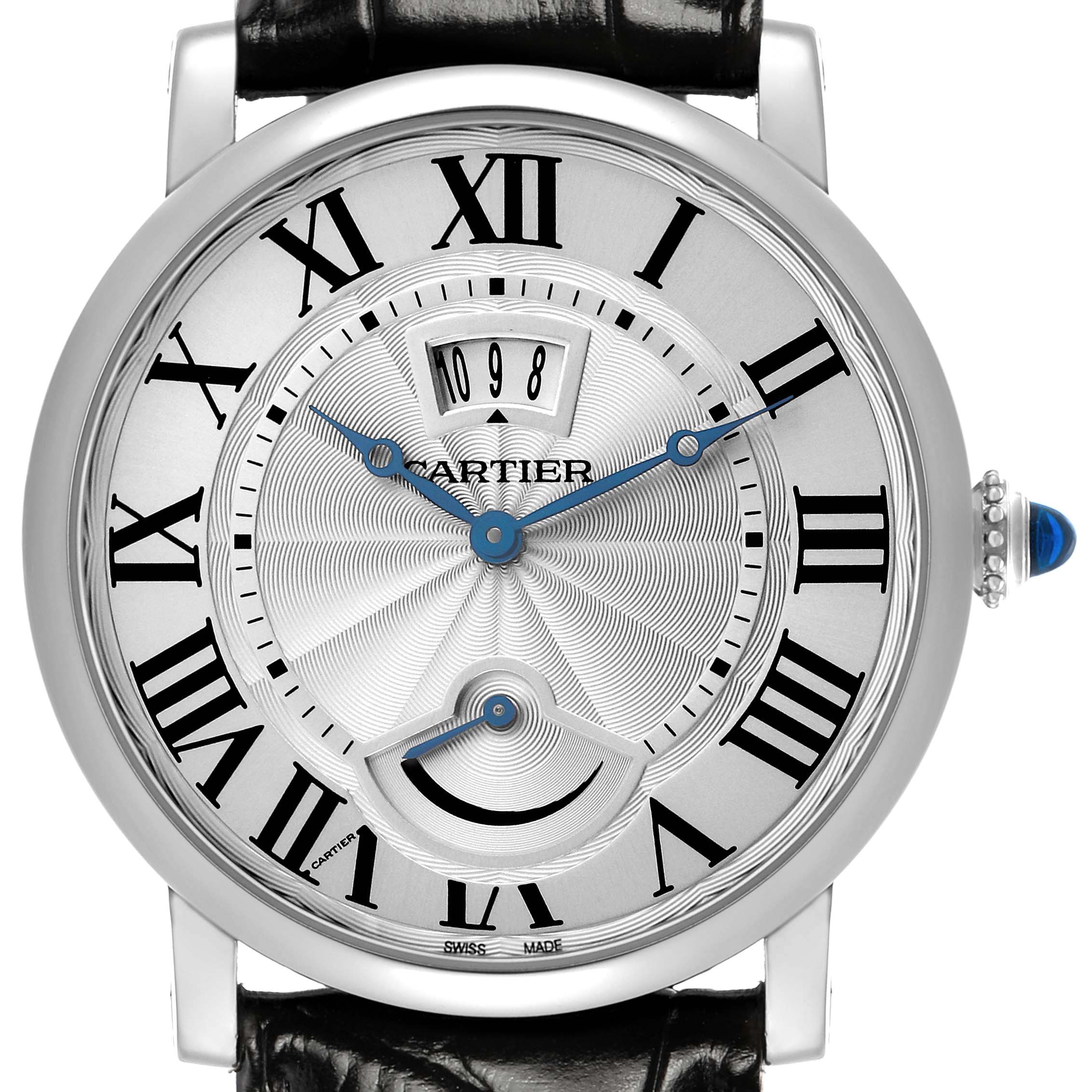 The Cartier Rotonde W1556369 Men's Stainless Steel Silver Dial watch is shown from a front angle, highlighting its dial, Roman numerals, hands, date window, and crown.