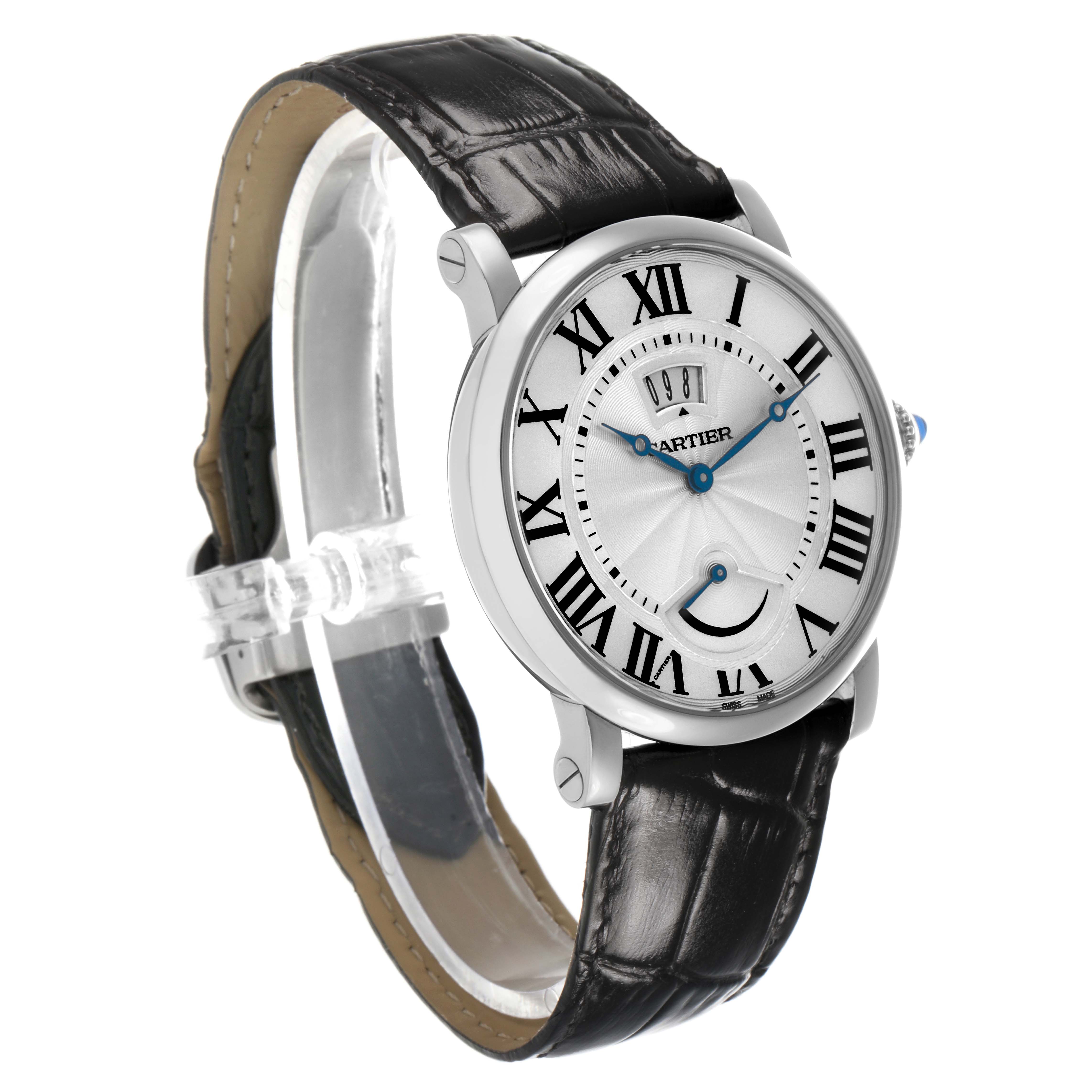 The Cartier Rotonde W1556369 Men's Stainless Steel Silver Dial watch is shown at a three-quarter angle, highlighting the face, bezel, crown, and leather strap.