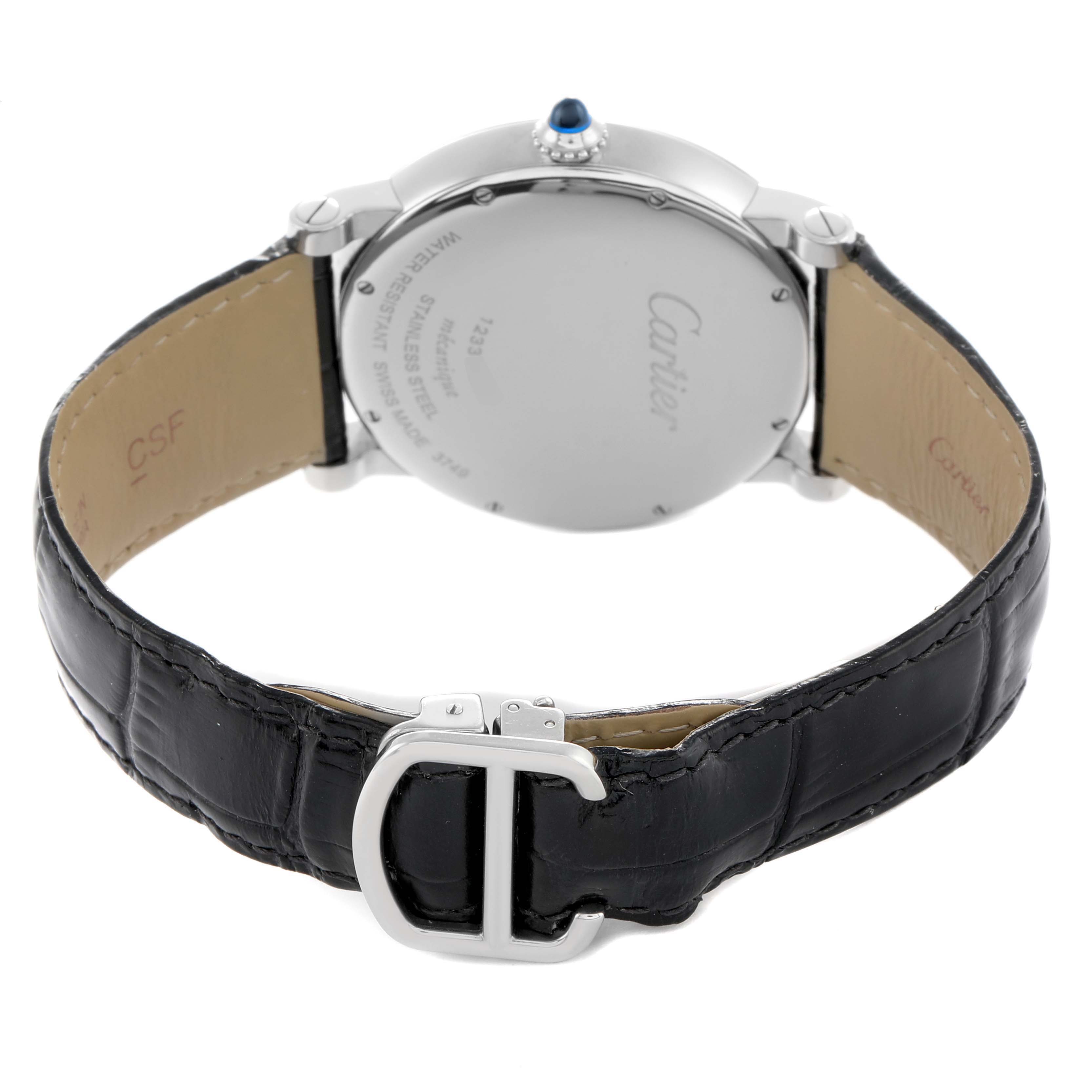 The image shows the back of the Rotonde model by Cartier, focusing on the case back, strap, and buckle.