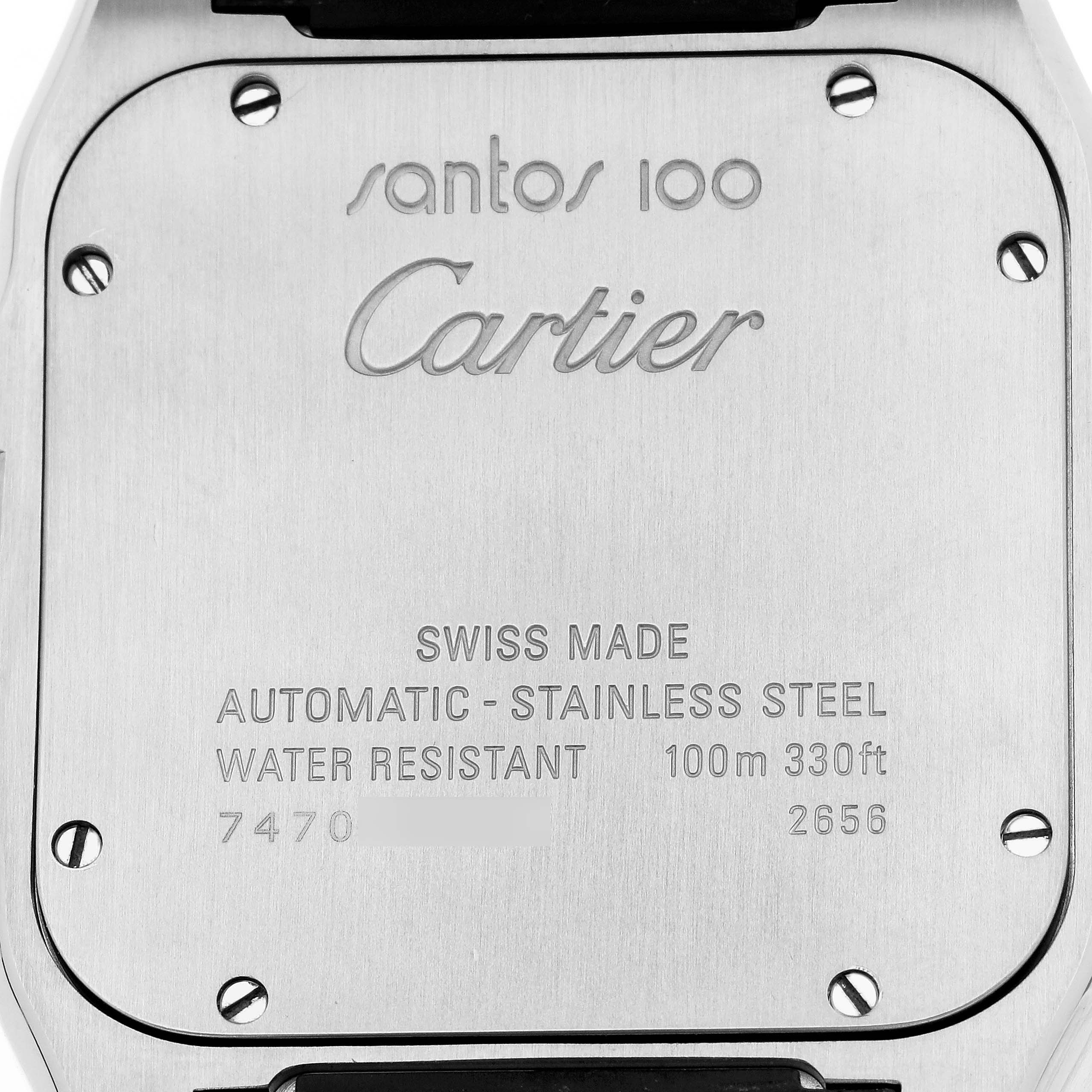 The image shows the back case of a Cartier Santos W20073X8 Men's Stainless Steel Silver Dial 100 watch with engraved details.
