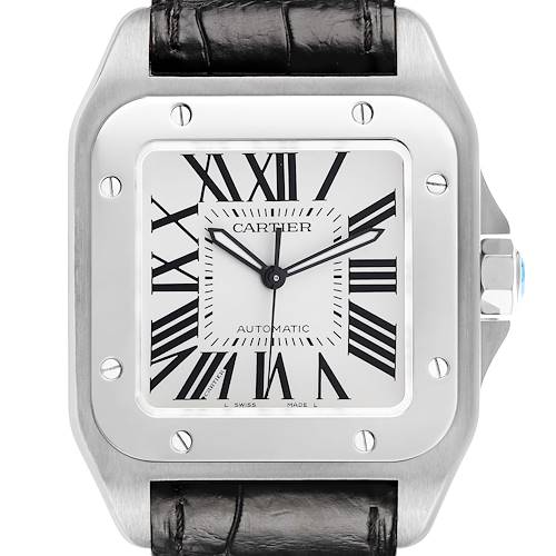 The Cartier Santos W20073X8 Men's Stainless Steel Silver Dial watch is shown from the front, displaying the entire face, bezel, and part of the strap.