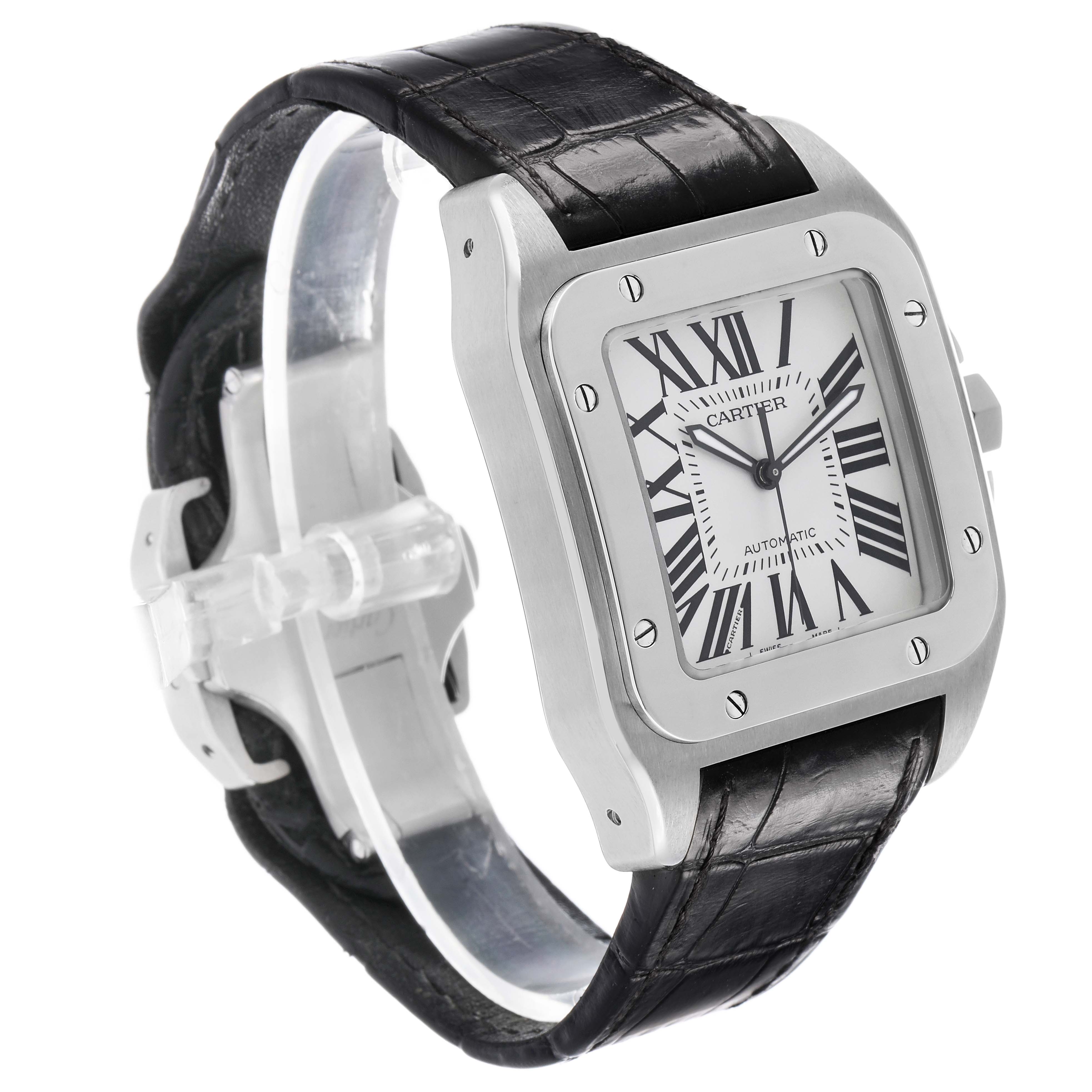 The Cartier Santos W20073X8 Men's Stainless Steel Silver Dial watch is shown at a three-quarter angle, highlighting its square face, silver bezel, and black leather strap.