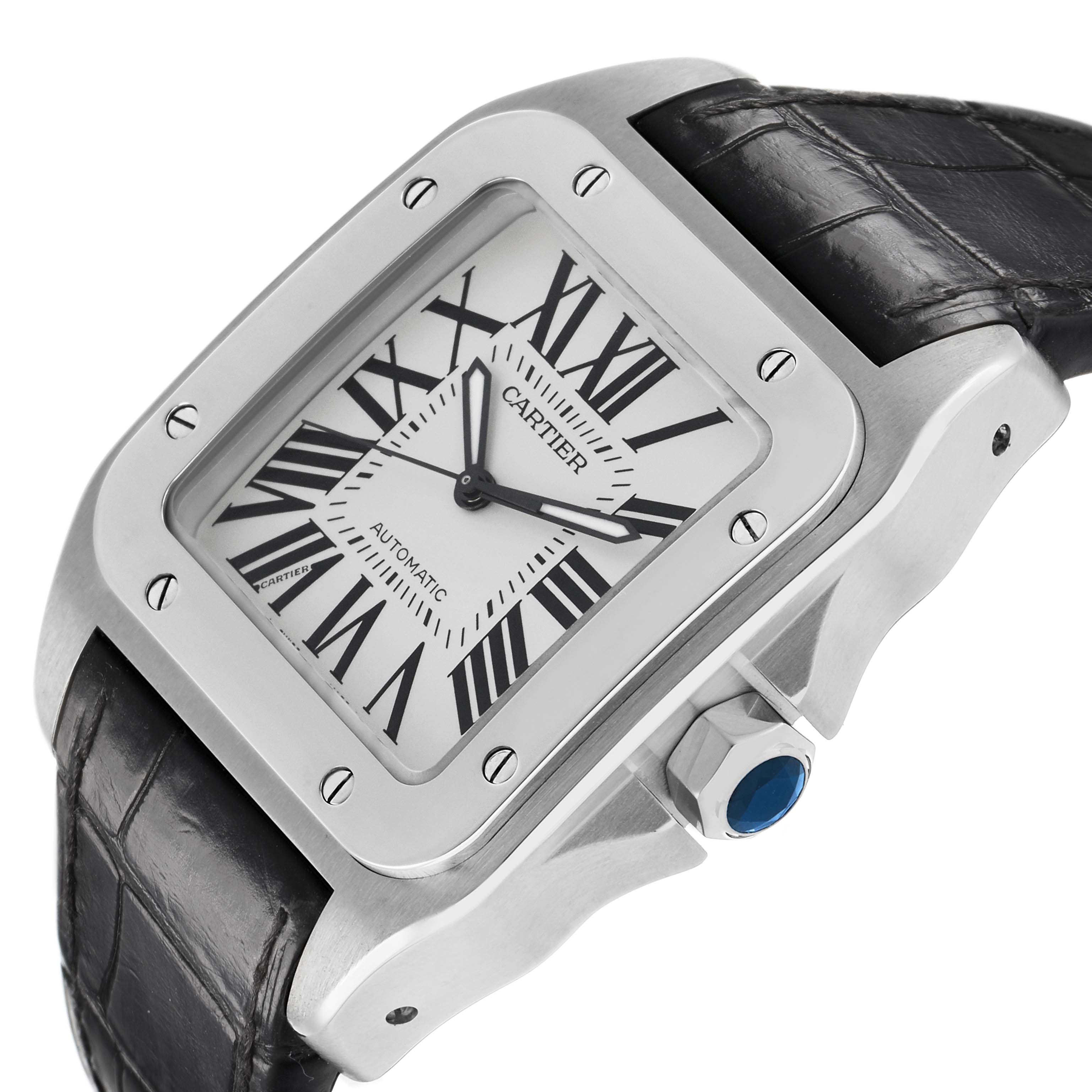 The Cartier Santos W20073X8 Men's Stainless Steel Silver Dial watch is shown from an angled side view, displaying the face, dial, crown, and part of the strap.