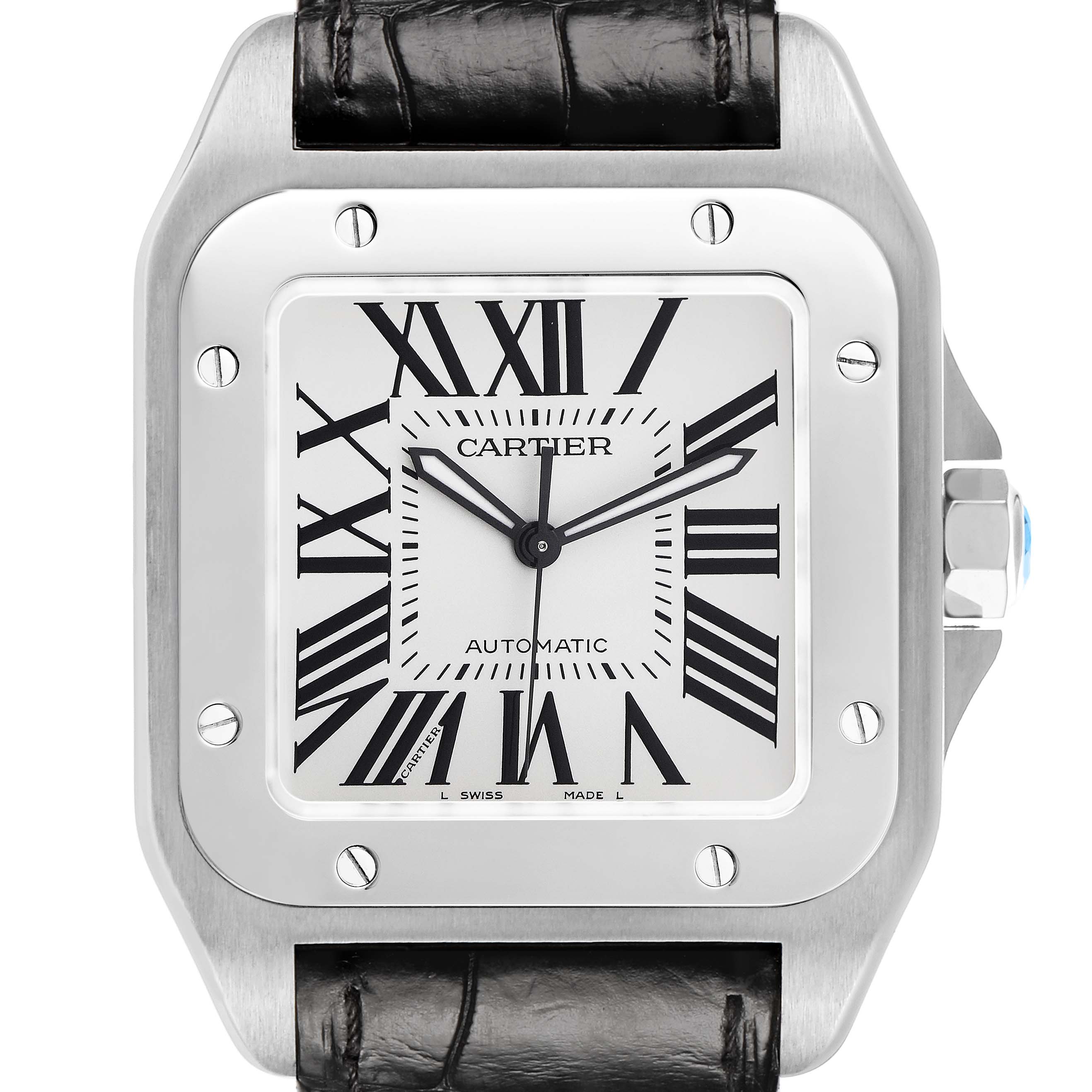 The image shows a front view of the Cartier Santos W20073X8 Men's Stainless Steel Silver Dial watch, highlighting its square face, Roman numerals, and leather strap.