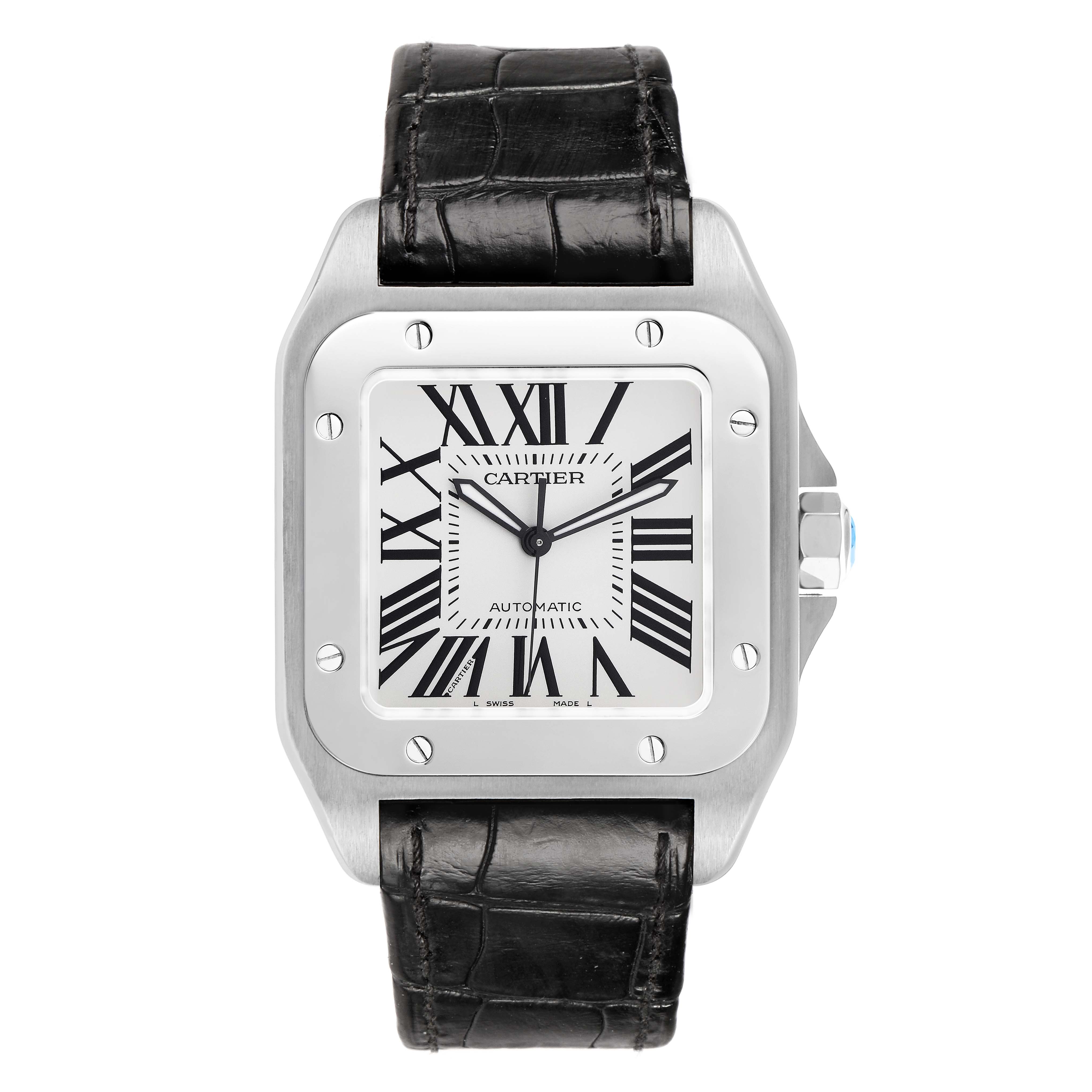 The Cartier Santos W20073X8 Men's Stainless Steel Silver Dial watch is shown from a front angle, displaying the face, case, bezel, and leather strap.