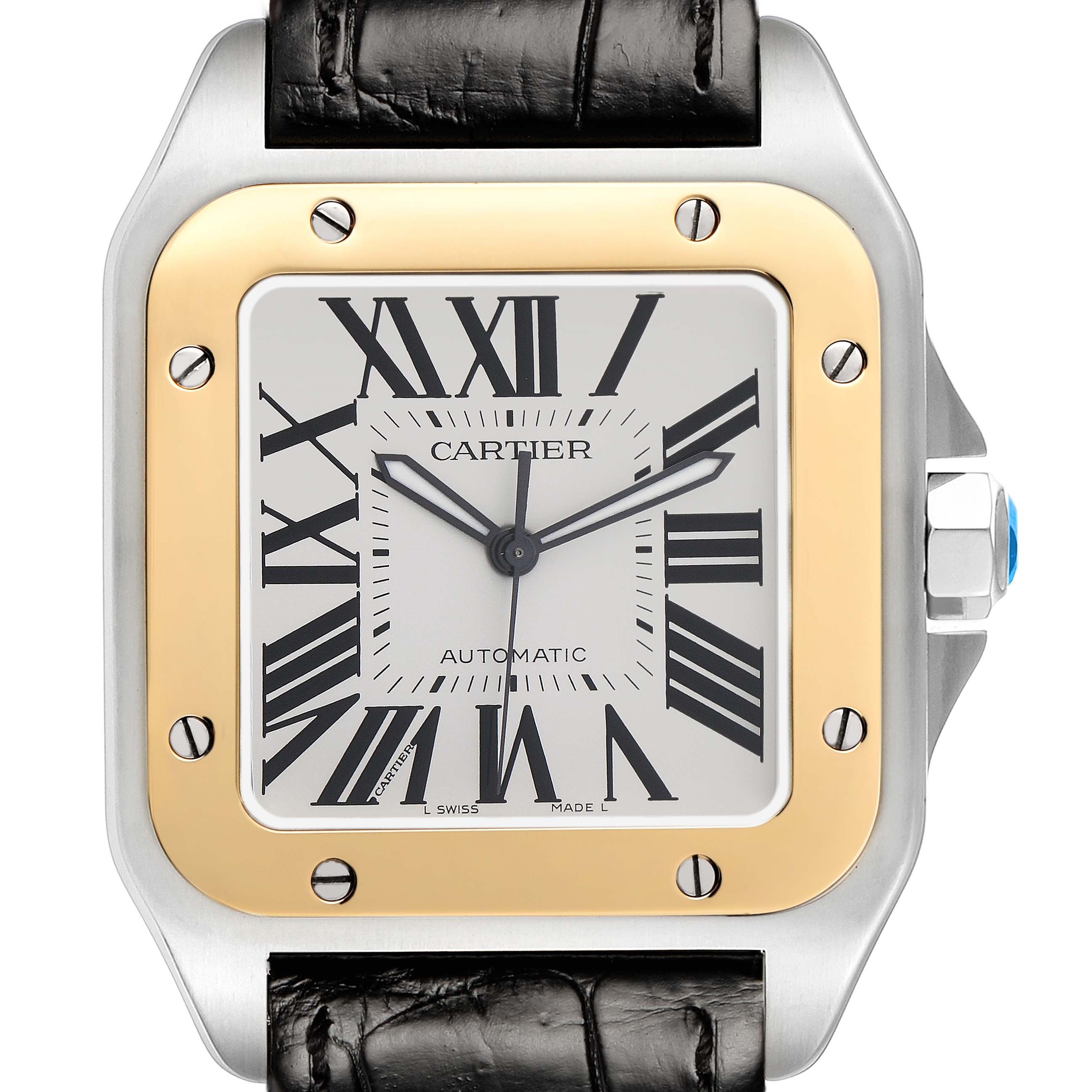 The Cartier Santos W20072X7 Men's Stainless Steel Silver Dial watch is shown from a front angle, highlighting the face, bezel, and part of the strap.