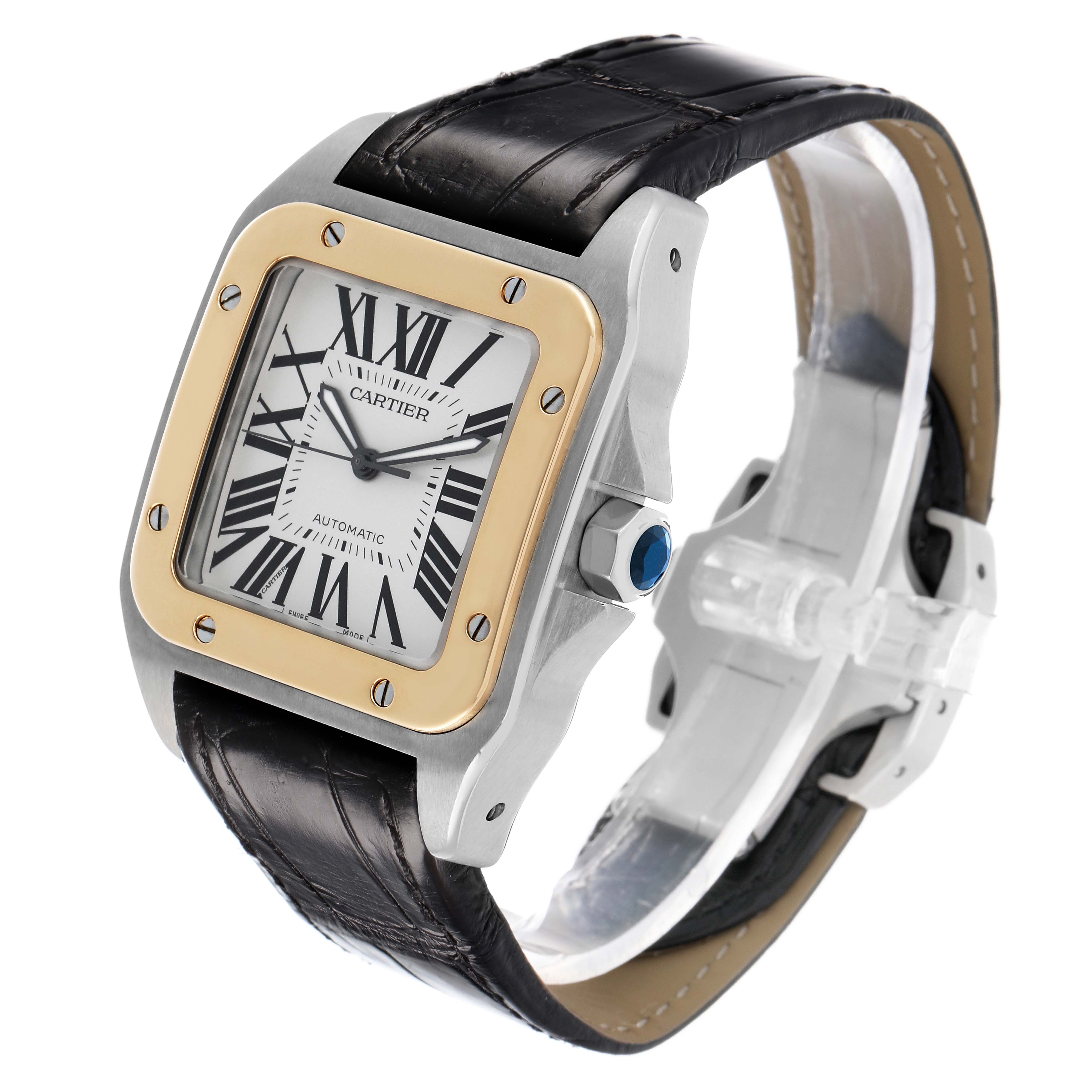 The Cartier Santos W20072X7 Men's Stainless Steel Silver Dial watch is shown at a three-quarter angle, highlighting its dial, bezel, crown, and strap.