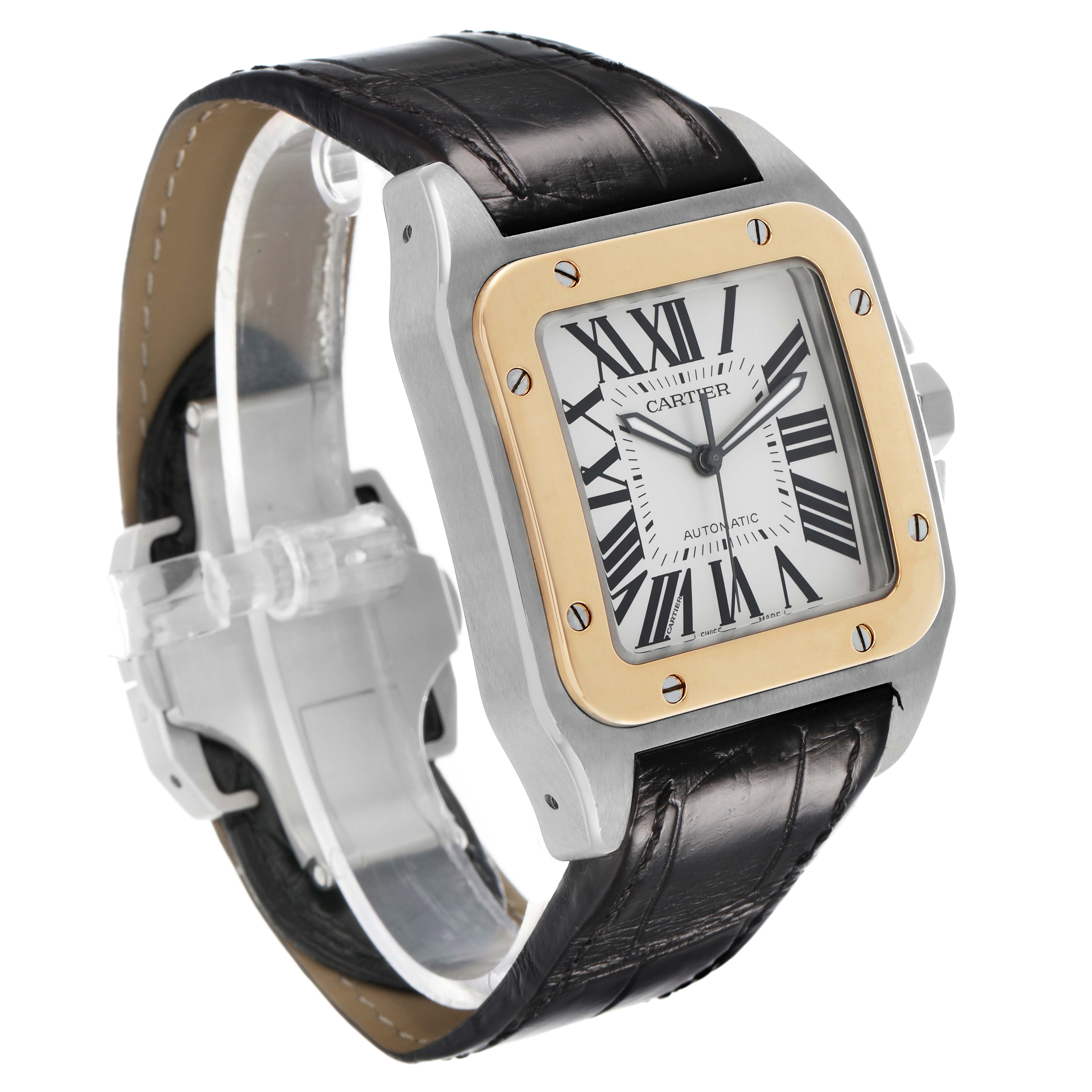 The Cartier Santos W20072X7 Men's Stainless Steel Silver Dial watch is shown at a three-quarter angle highlighting its face, bezel, and leather strap.