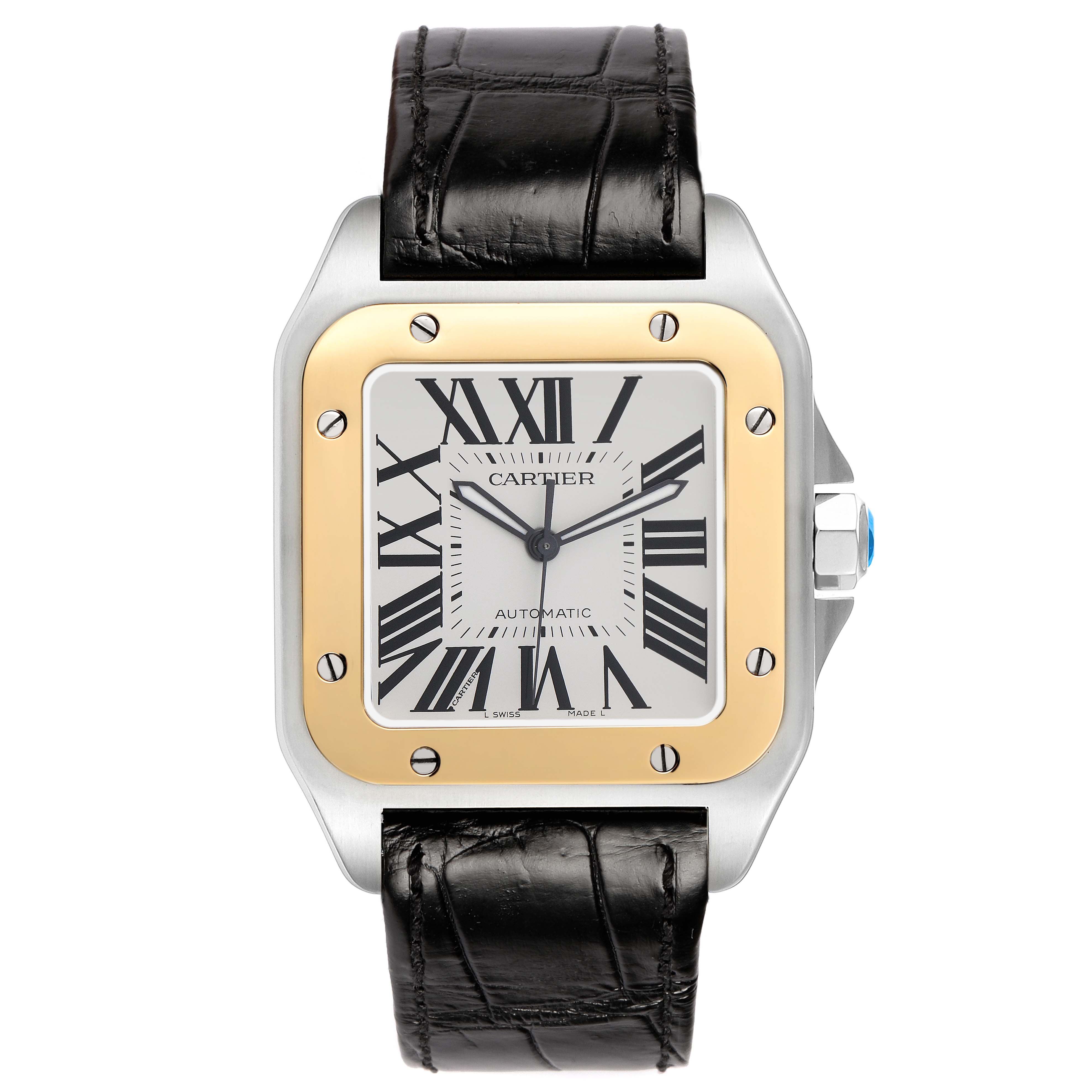The image shows a front view of the Cartier Santos W20072X7 Men's Stainless Steel Silver Dial watch, highlighting the dial, bezel, strap, and crown.