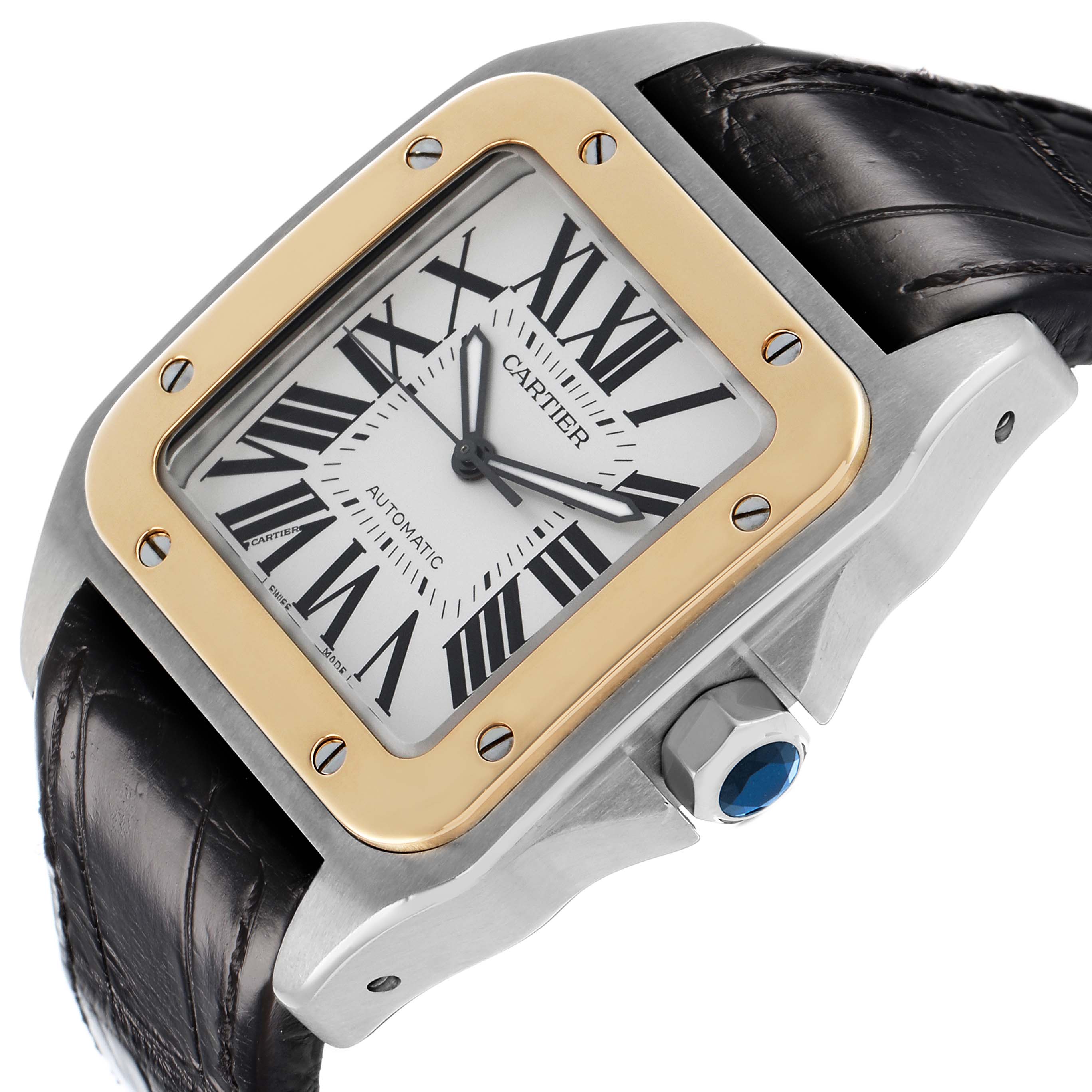 The Cartier Santos W20072X7 Men's Stainless Steel Silver Dial watch is shown at an angled view, highlighting the face, bezel, crown, and black leather strap.