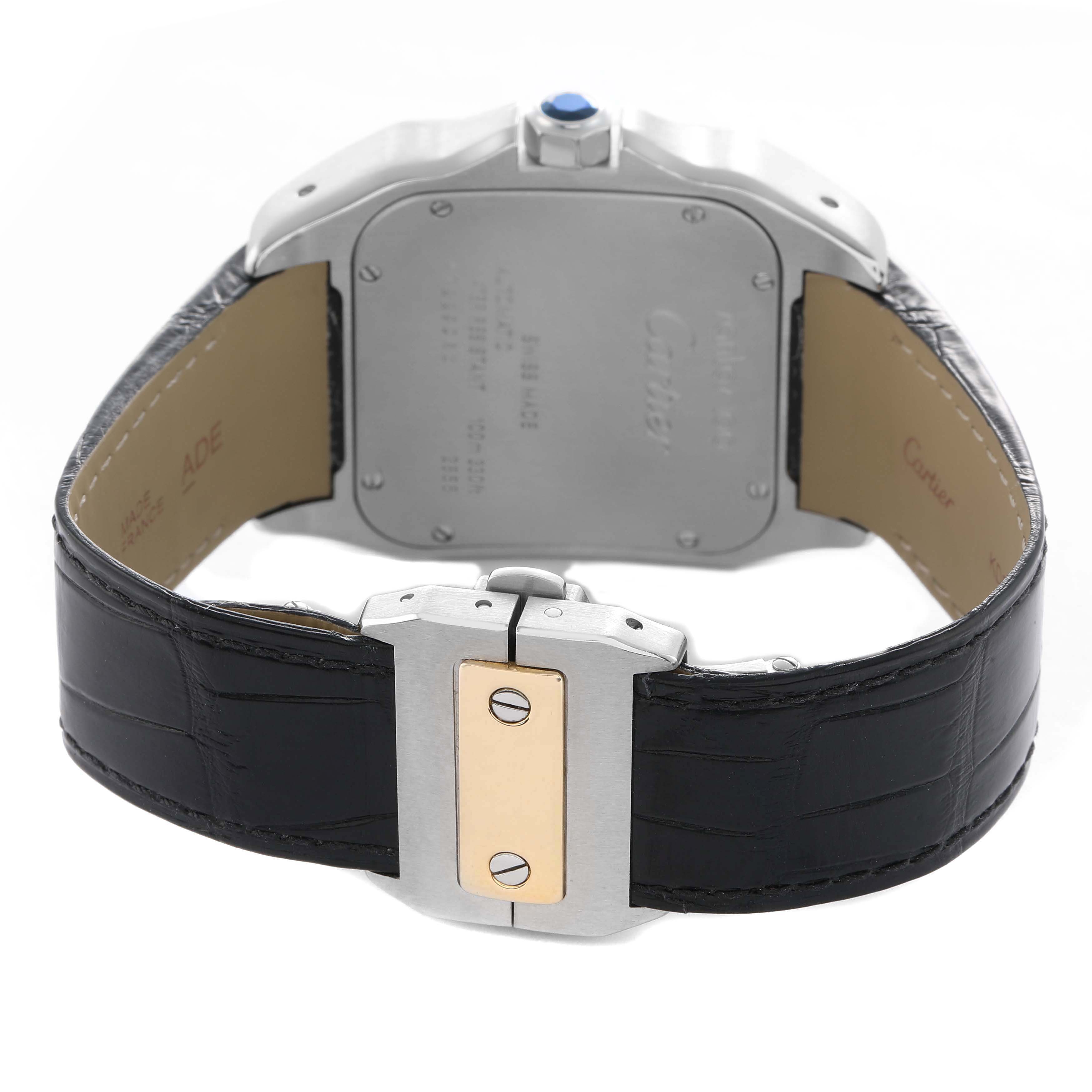 The Cartier Santos W20072X7 Men's Stainless Steel Silver Dial watch is shown from the back, highlighting the case back, clasp, and strap.