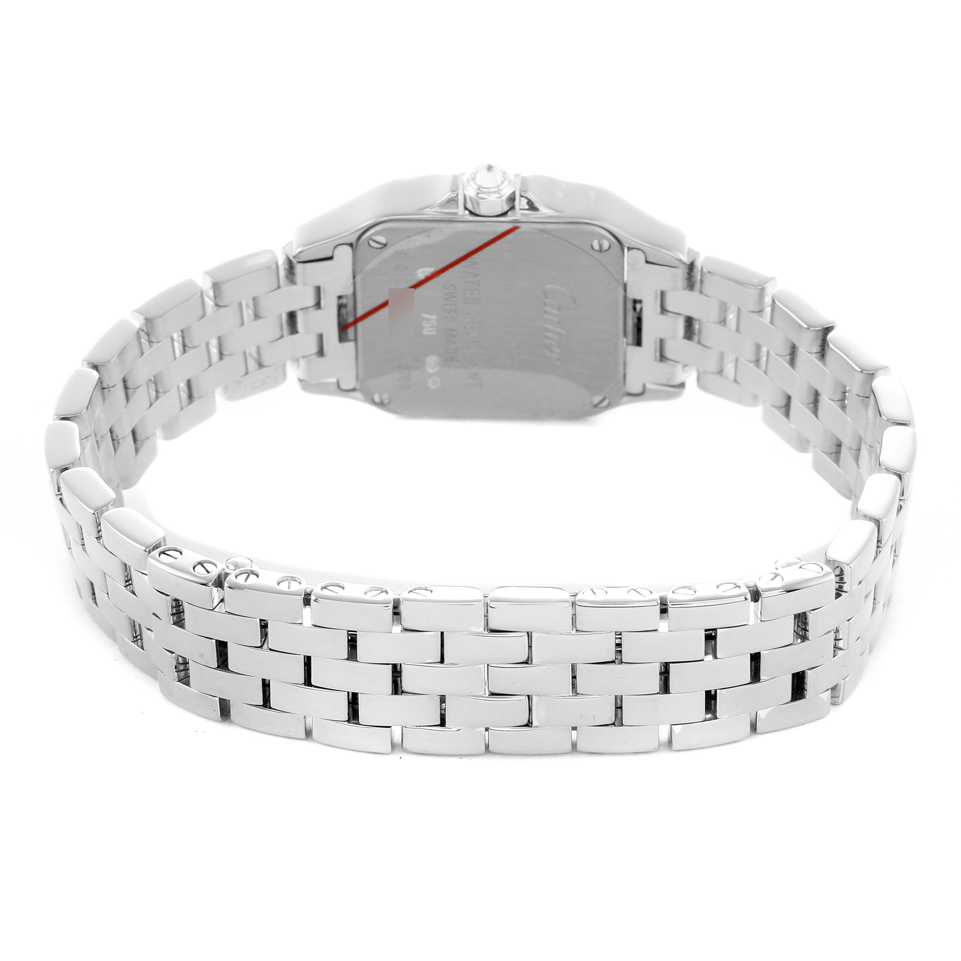 The image shows the back and bracelet of a Cartier Santos Demoiselle WF9005Y8 Women's White Gold Silver Dial watch, highlighting its stainless steel links and clasp.