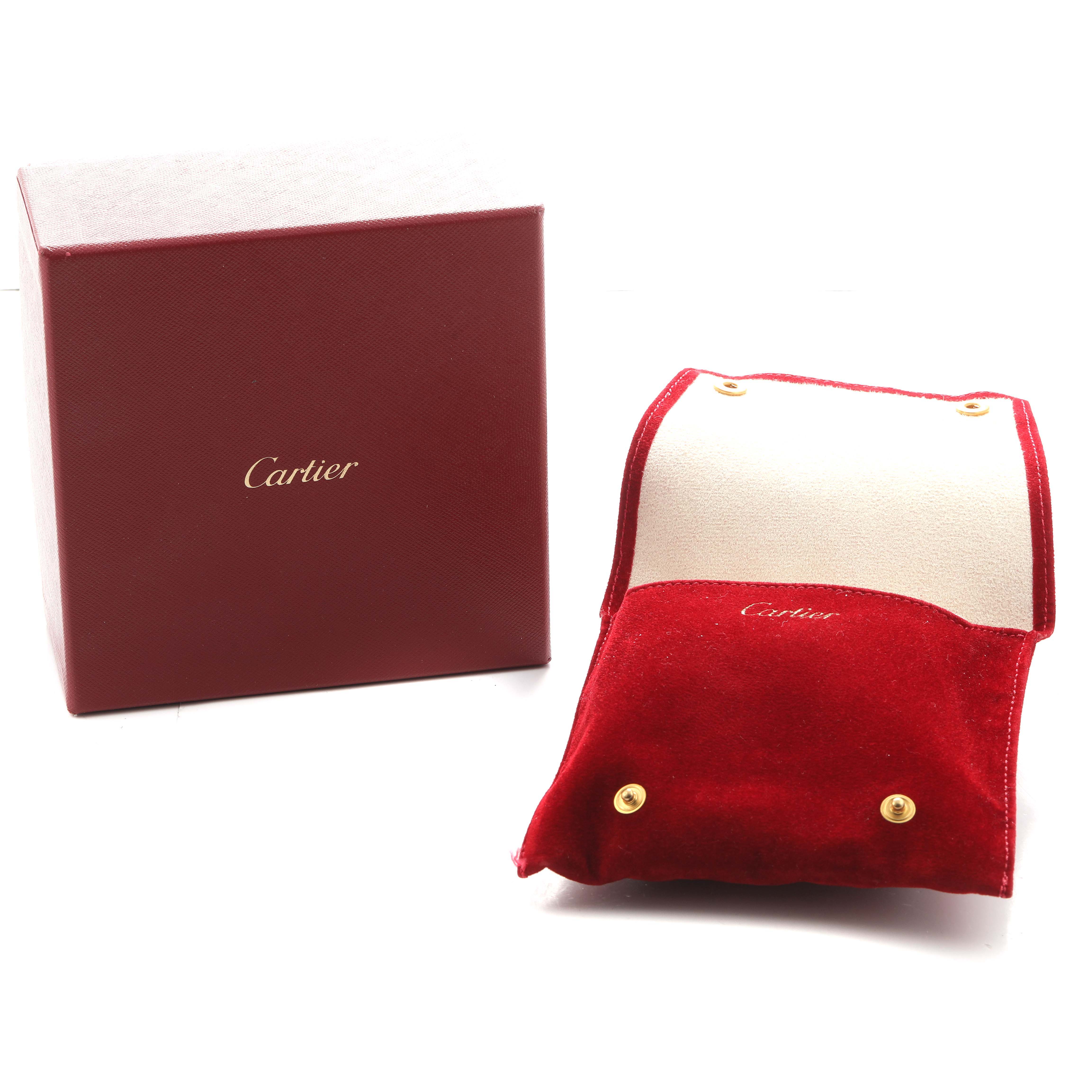 The image shows a Cartier Santos Demoiselle WF9005Y8 Women's White Gold Silver Dial watch box and red suede pouch at an angled view.