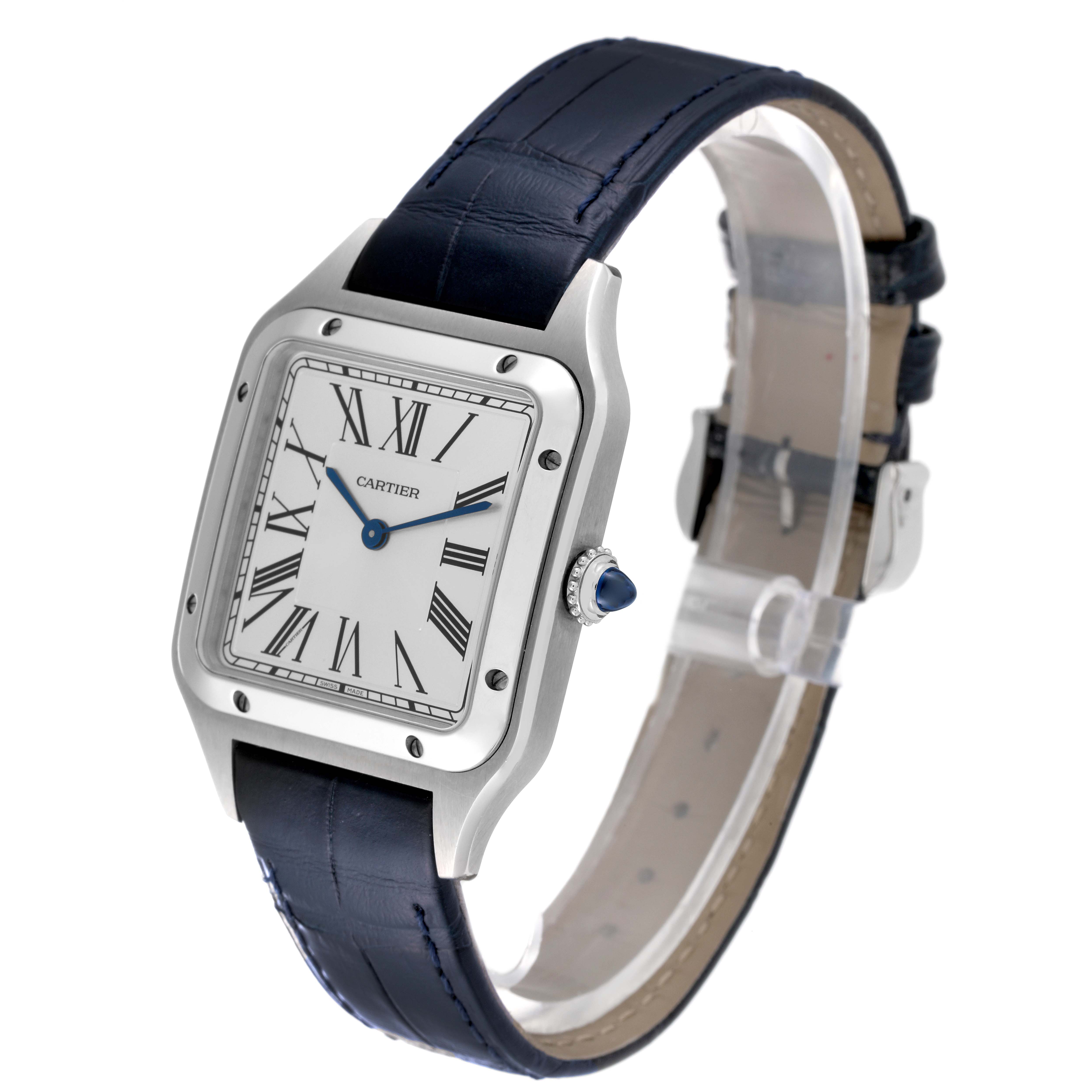 The image shows a Cartier Santos Dumont WSSA0022 Men's Stainless Steel Silver Dial WSSA0022 Men's Stainless Steel Silver Dial watch at a three-quarter angle, focusing on its face and blue leather strap.
