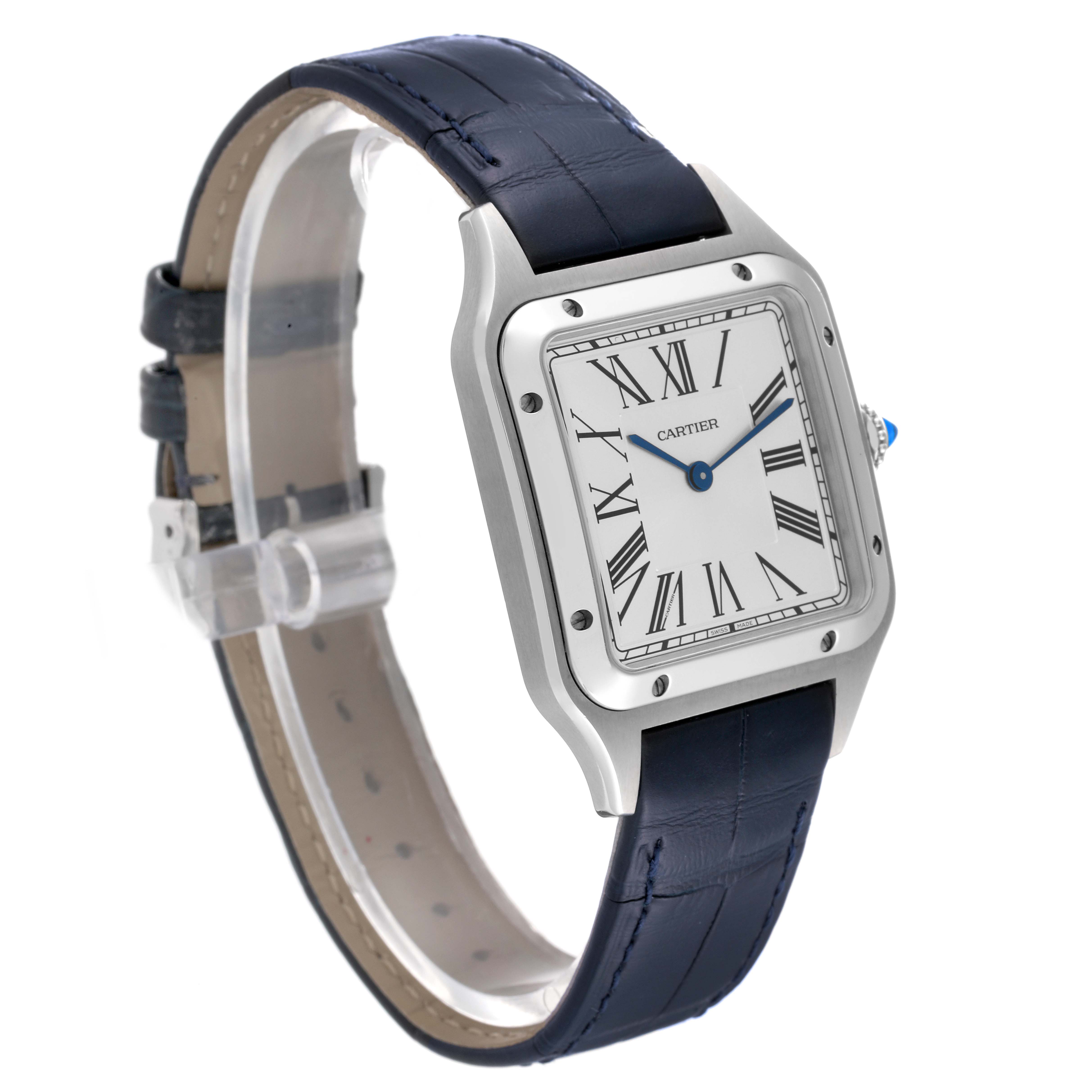The Cartier Santos Dumont WSSA0022 Men's Stainless Steel Silver Dial WSSA0022 Men's Stainless Steel Silver Dial watch is shown at a three-quarter angle, displaying its face, bezel, and blue leather strap.