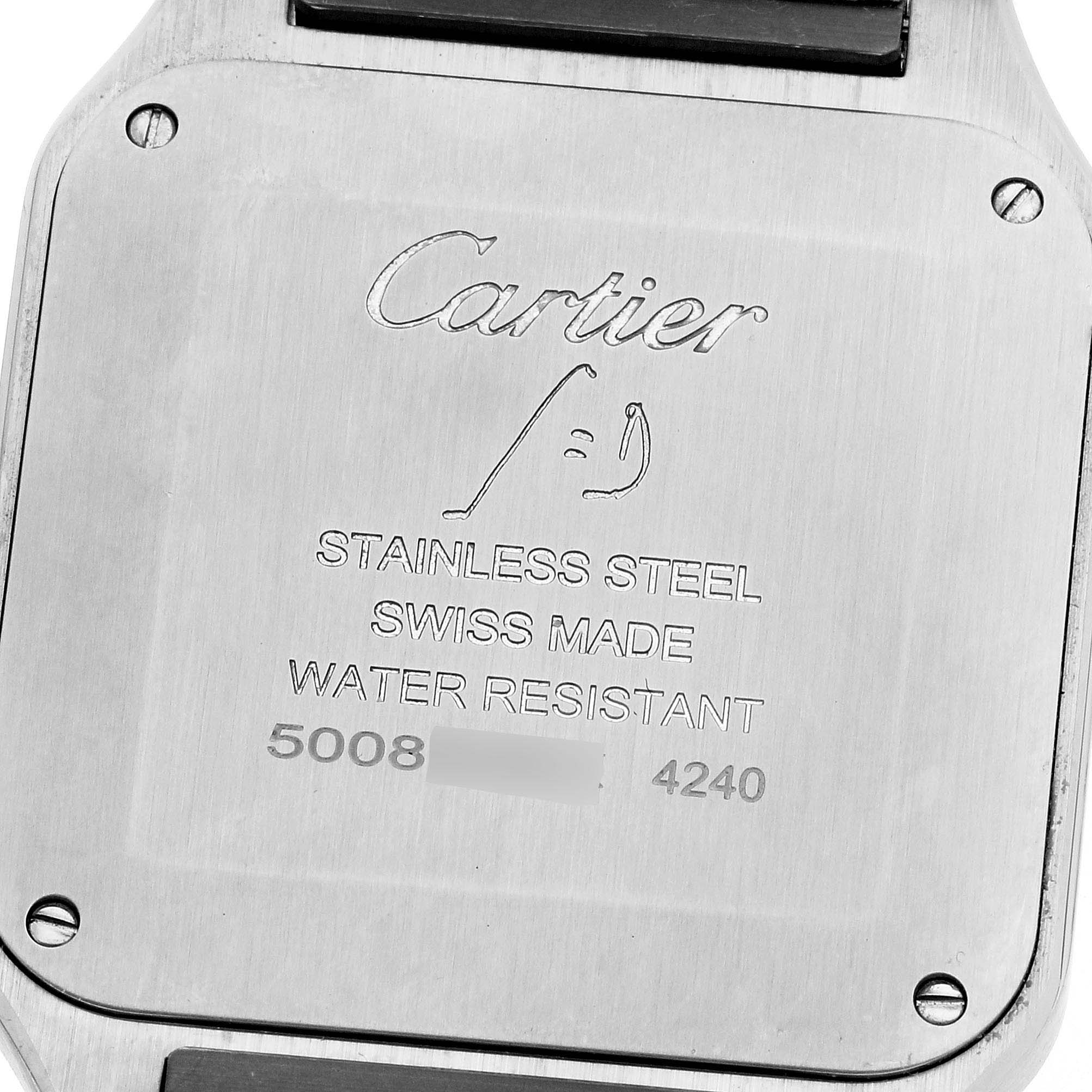 This image shows the back case of the Cartier Santos Dumont WSSA0022 Men's Stainless Steel Silver Dial WSSA0022 Men's Stainless Steel Silver Dial watch, highlighting its stainless steel, water resistance, and serial number.