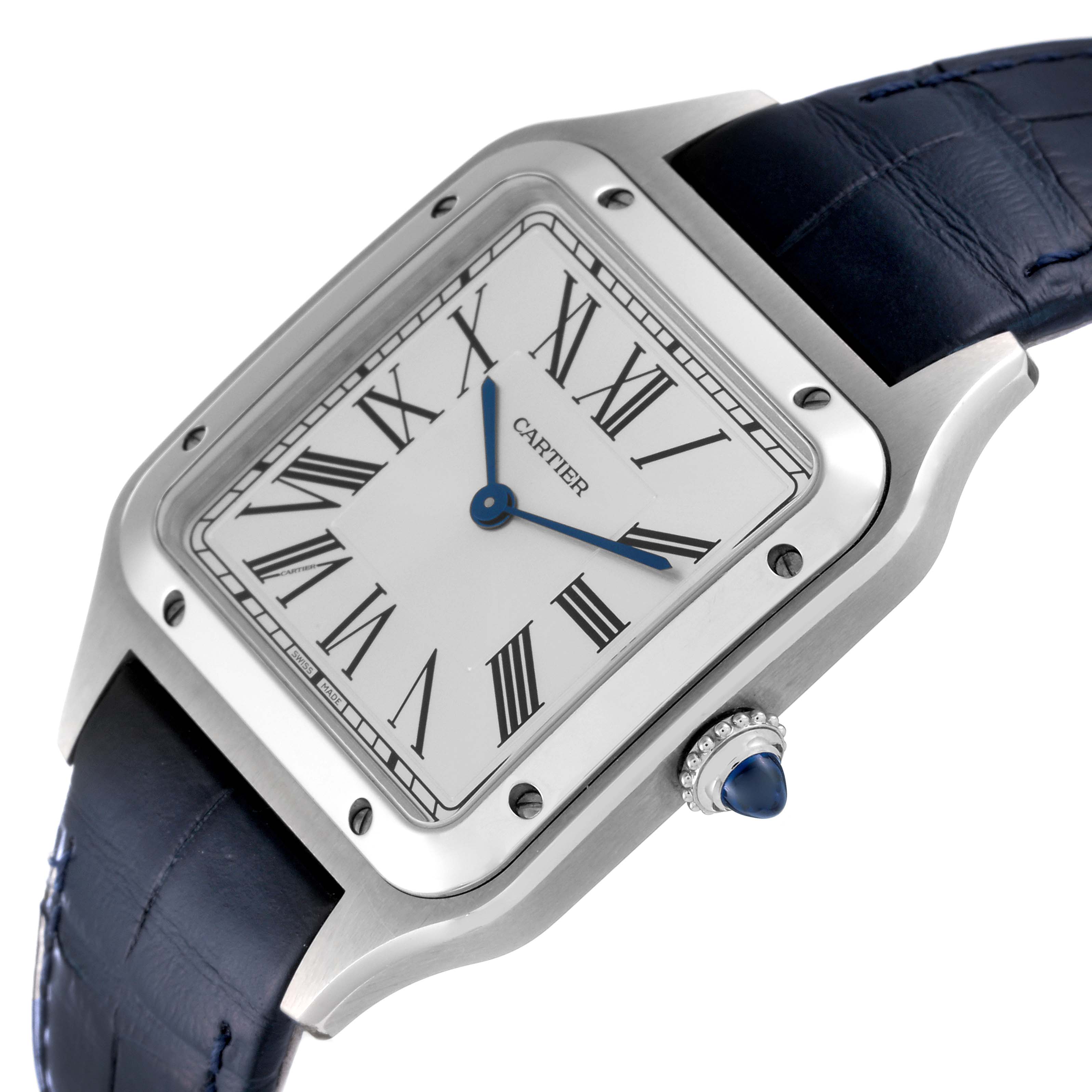 The image shows a Cartier Santos Dumont WSSA0022 Men's Stainless Steel Silver Dial WSSA0022 Men's Stainless Steel Silver Dial watch at an angle highlighting its face, case, crown, and leather strap.