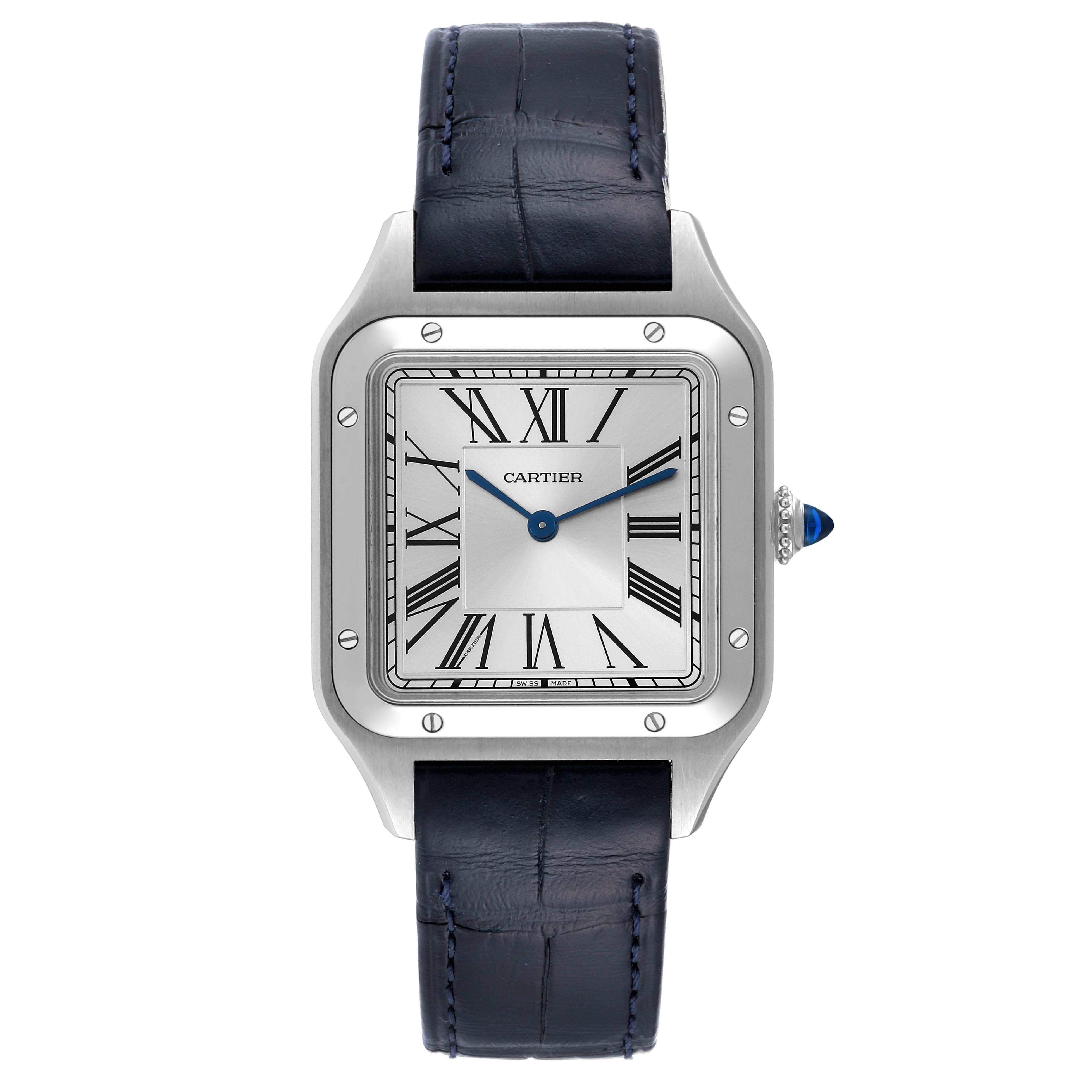 This image shows a front view of the Santos Dumont model by Cartier, displaying the face, case, and leather strap.