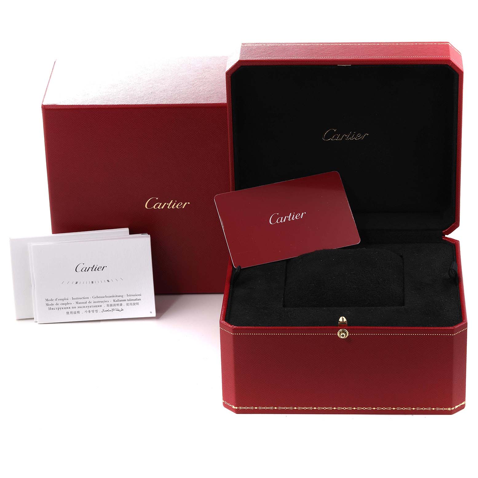 This image shows a Cartier Santos Dumont WSSA0022 Men's Stainless Steel Silver Dial WSSA0022 Men's Stainless Steel Silver Dial model watch box, warranty card, and accompanying documentation.