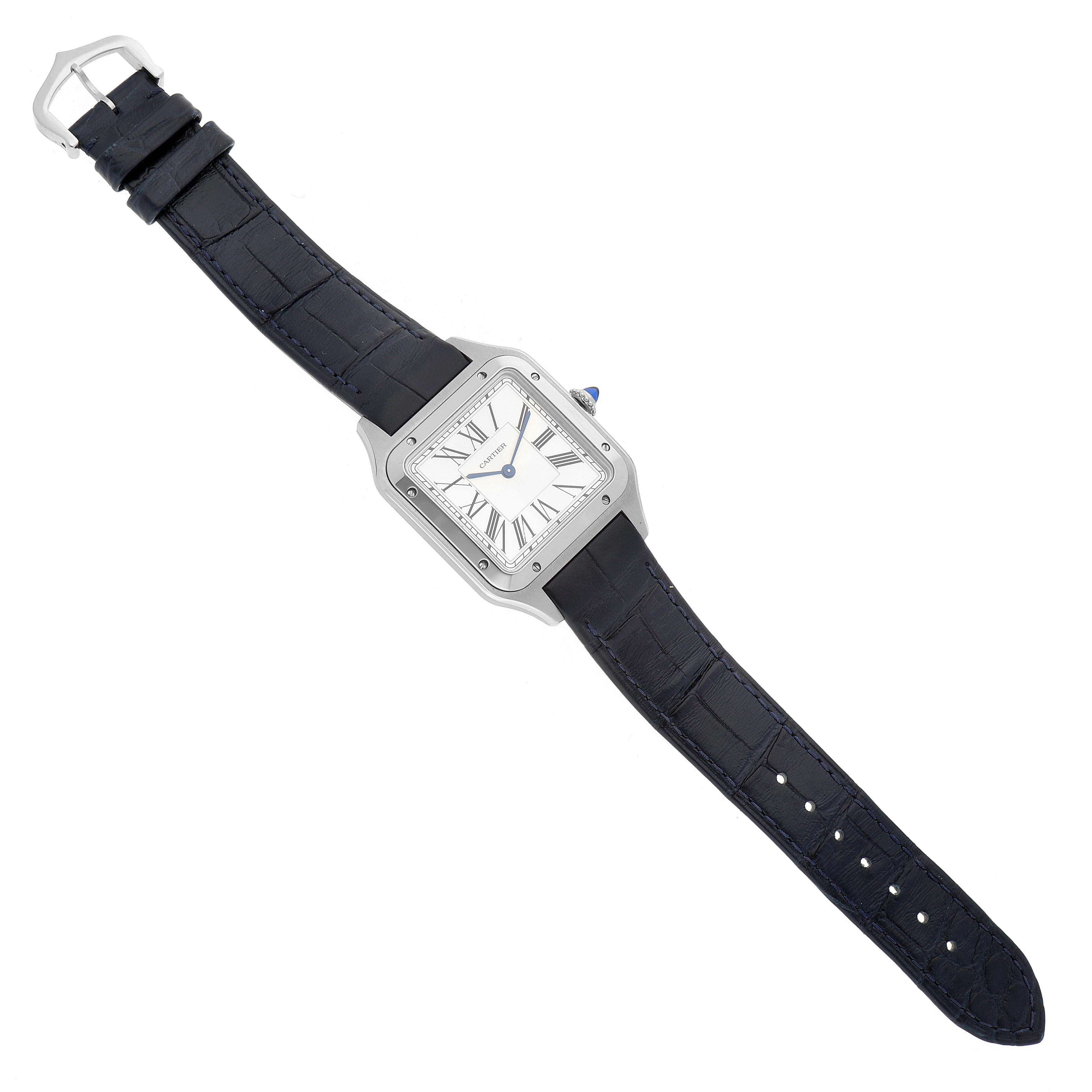 The Cartier Santos Dumont WSSA0022 Men's Stainless Steel Silver Dial WSSA0022 Men's Stainless Steel Silver Dial watch is shown from a top view, displaying the face, case, strap, and buckle.