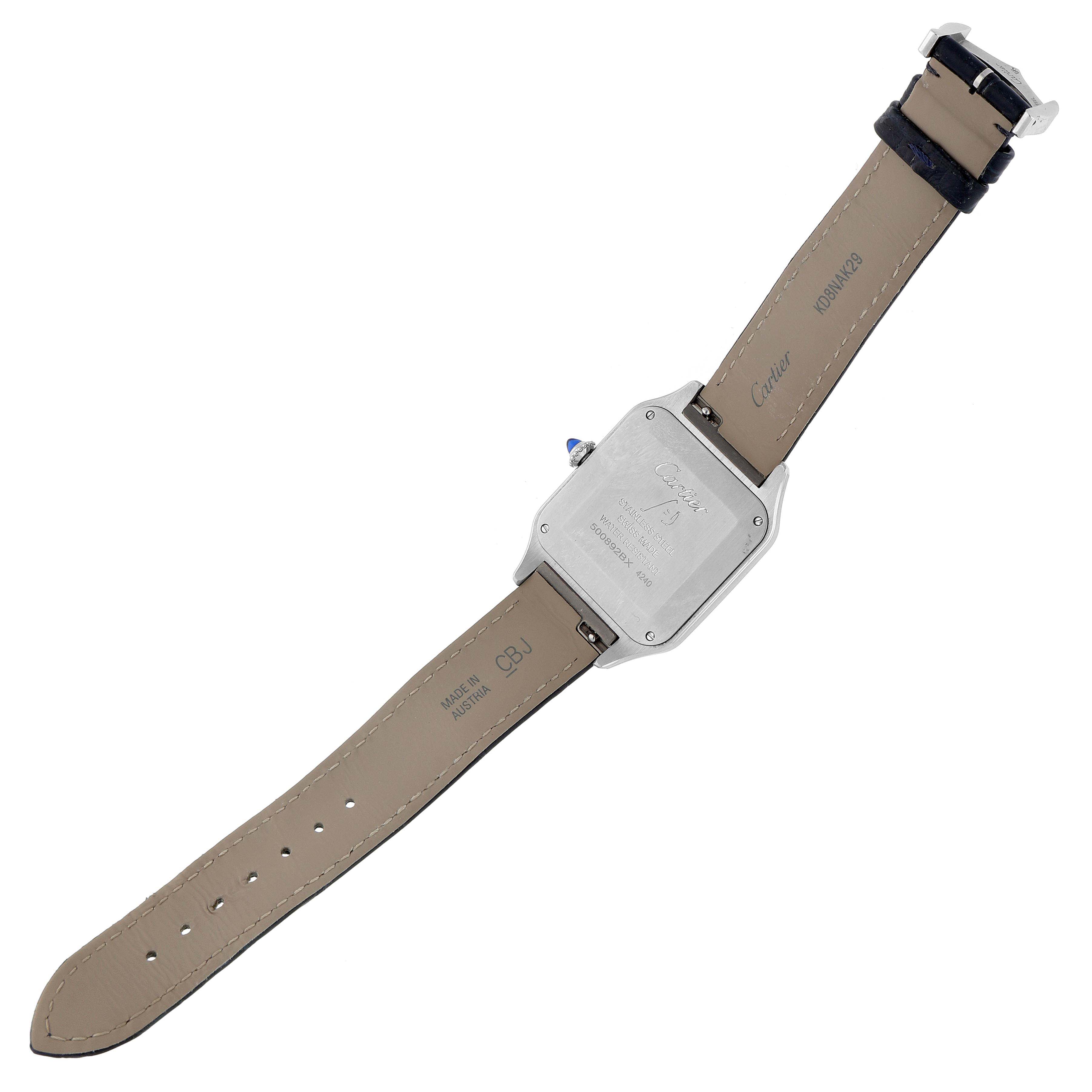 This image shows the back view of a Santos Dumont model by Cartier, including the backside casing and leather strap.