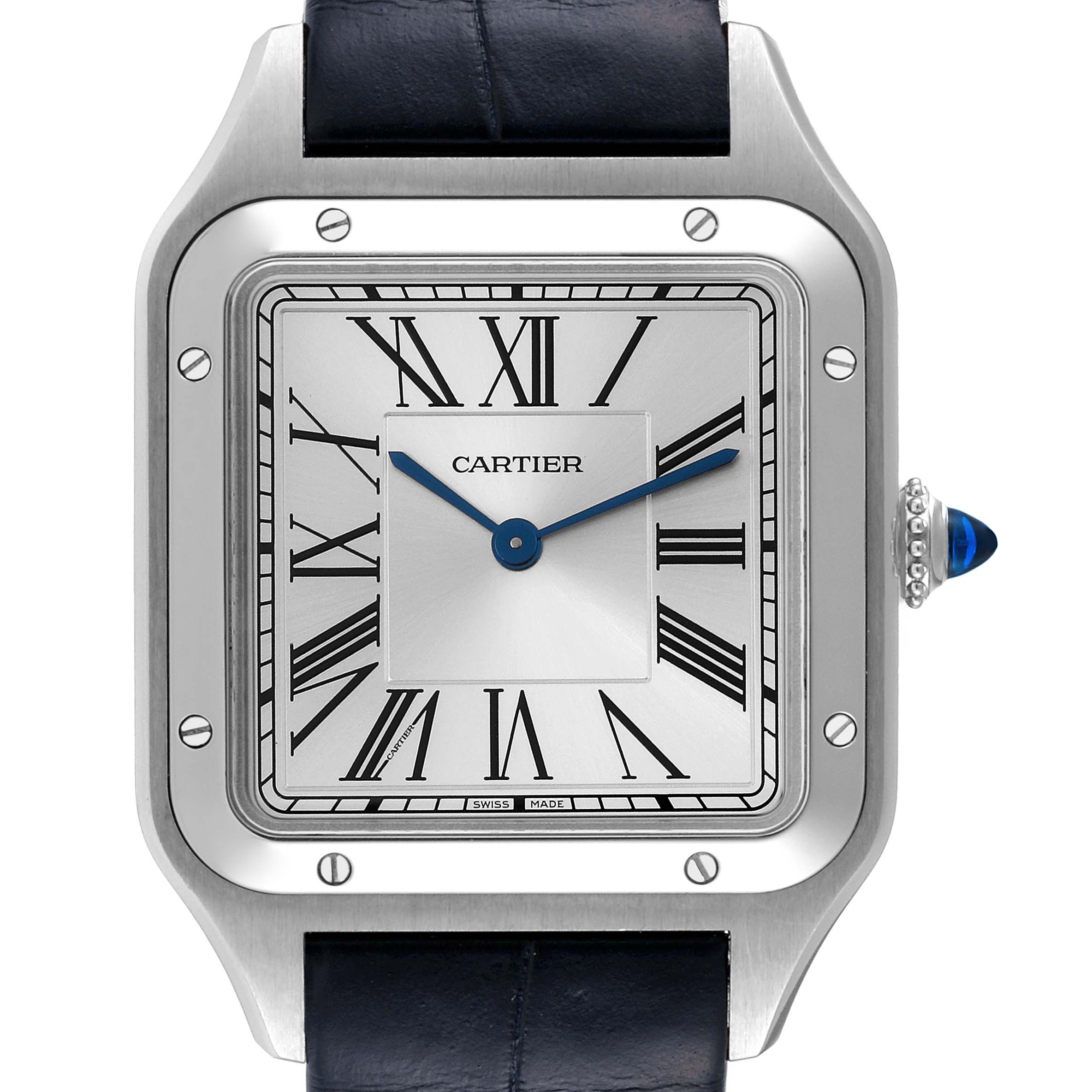 The front view of a Santos Dumont watch by Cartier shows the dial, Roman numerals, blue hands, and black leather strap.
