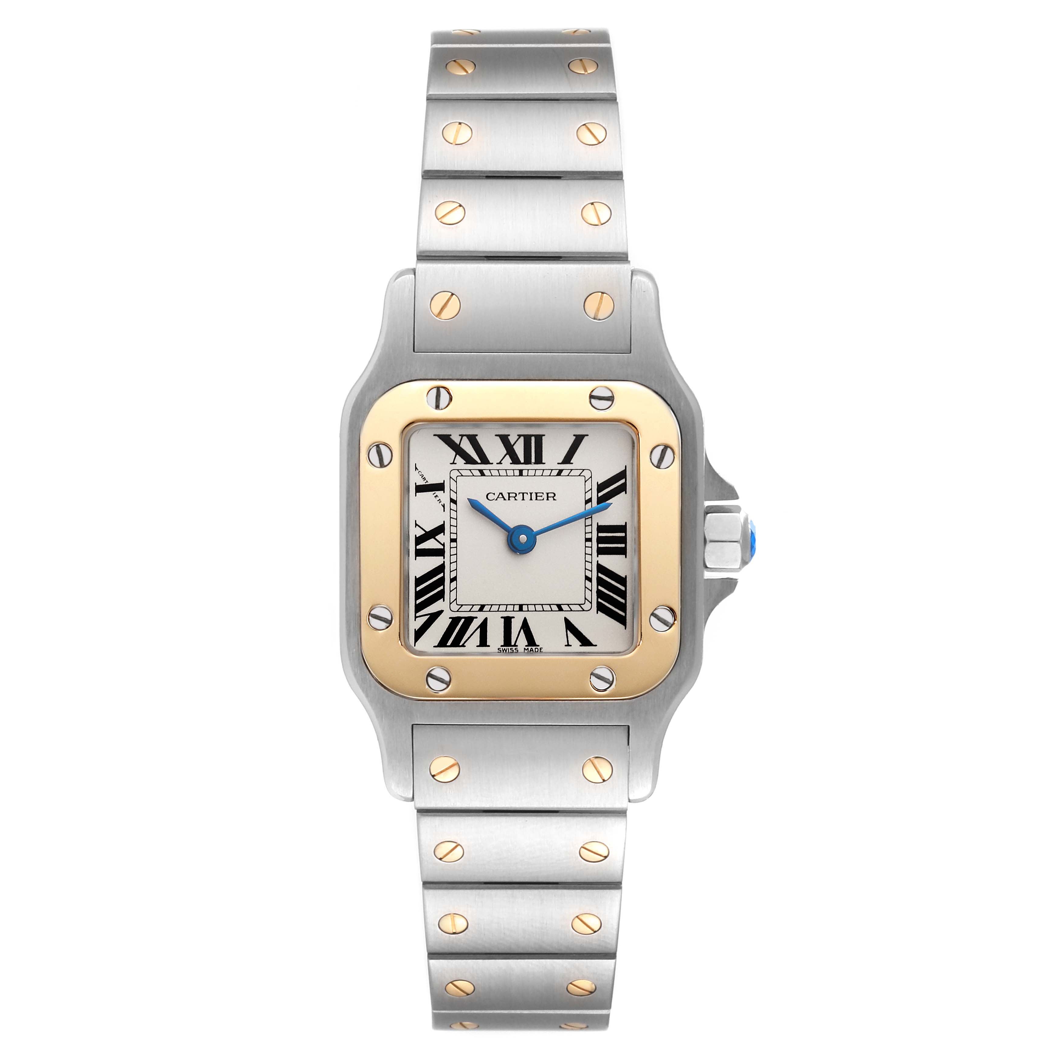 The Cartier Santos W20012C4 Women's Steel and Gold (two tone) Silver Dial W20012C4 Women's Steel and Gold (two tone) Silver Dial watch is shown from the front, displaying its square face, Roman numerals, blue hands, and metal bracelet.