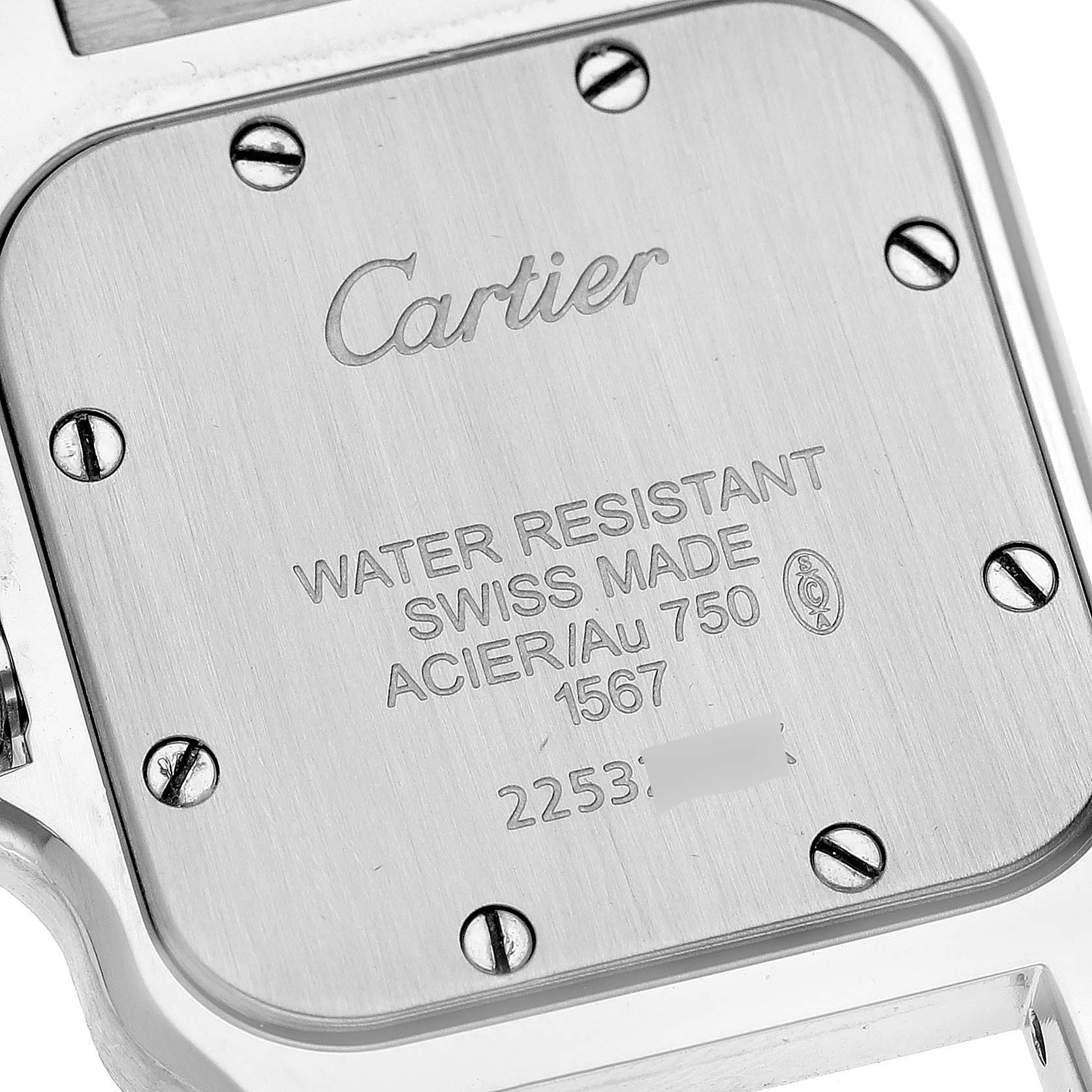 The image shows the back case of a Cartier Santos W20012C4 Women's Steel and Gold (two tone) Silver Dial W20012C4 Women's Steel and Gold (two tone) Silver Dial watch, displaying brand, model, and material information.