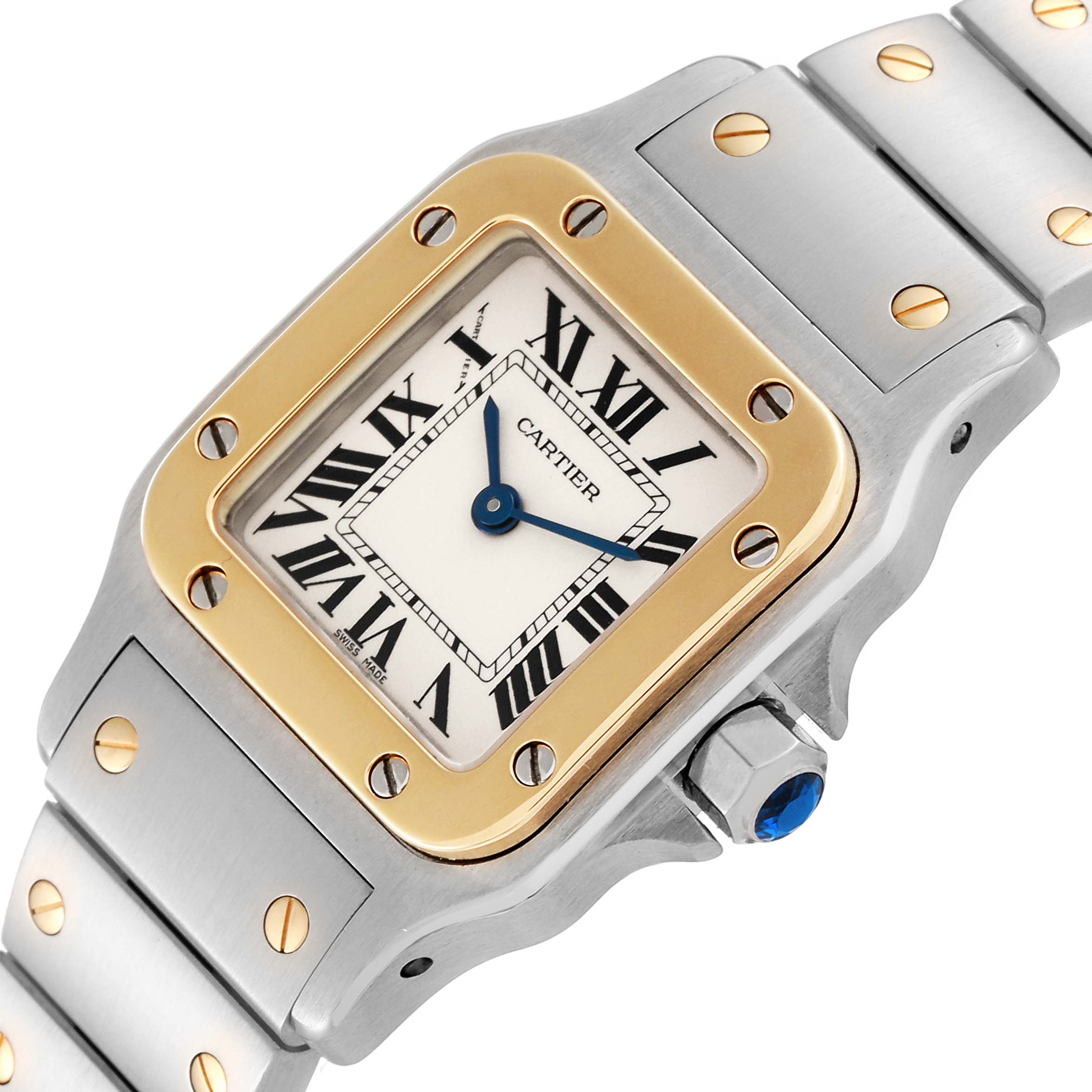 The image shows a close-up of the Cartier Santos W20012C4 Women's Steel and Gold (two tone) Silver Dial W20012C4 Women's Steel and Gold (two tone) Silver Dial watch face and part of the stainless steel and gold bracelet.