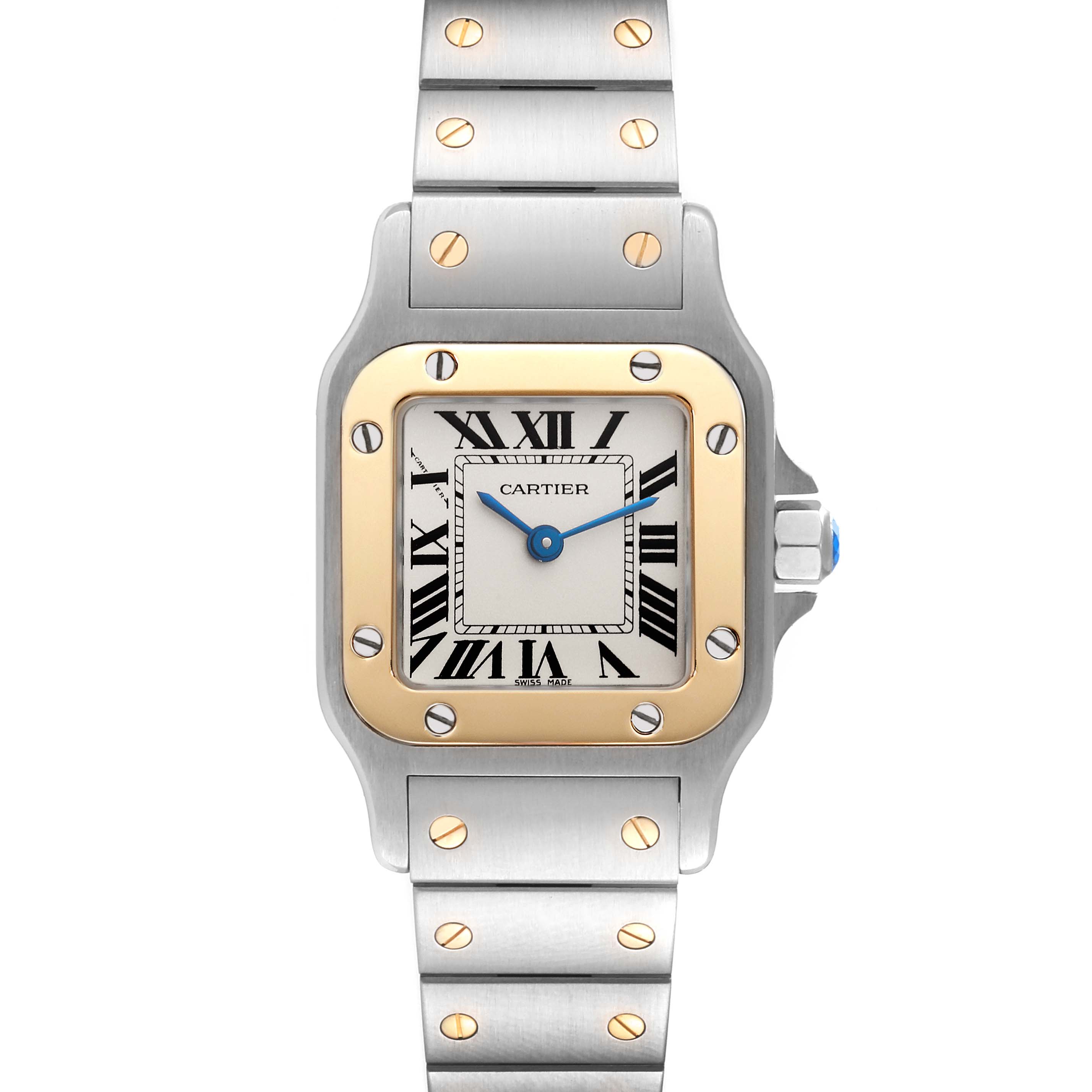 The image shows a front view of a Santos model watch by Cartier, displaying the face, bezel, and part of the bracelet.