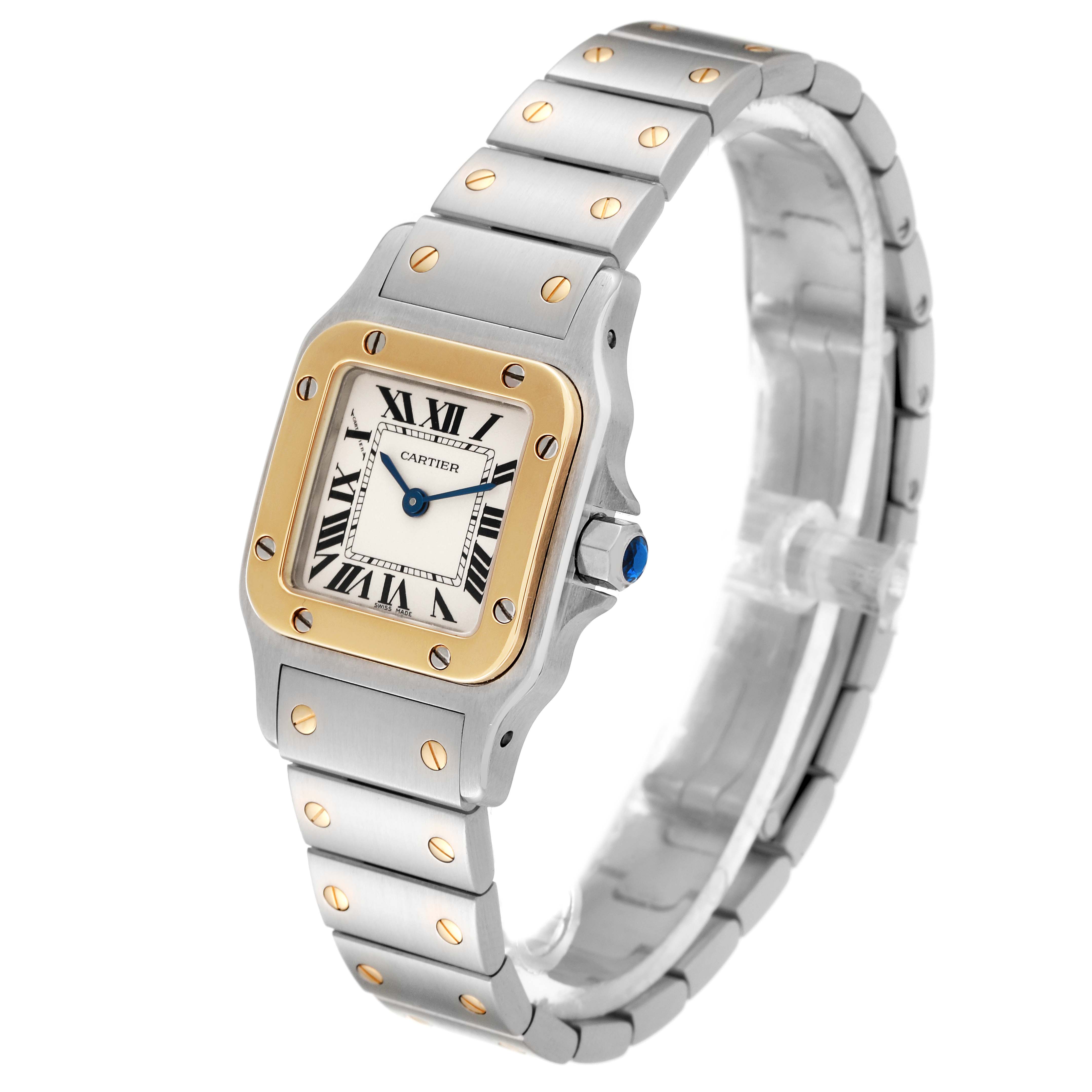 This Cartier Santos W20012C4 Women's Steel and Gold (two tone) Silver Dial W20012C4 Women's Steel and Gold (two tone) Silver Dial watch is shown at a three-quarter angle displaying the face, bracelet, and crown.